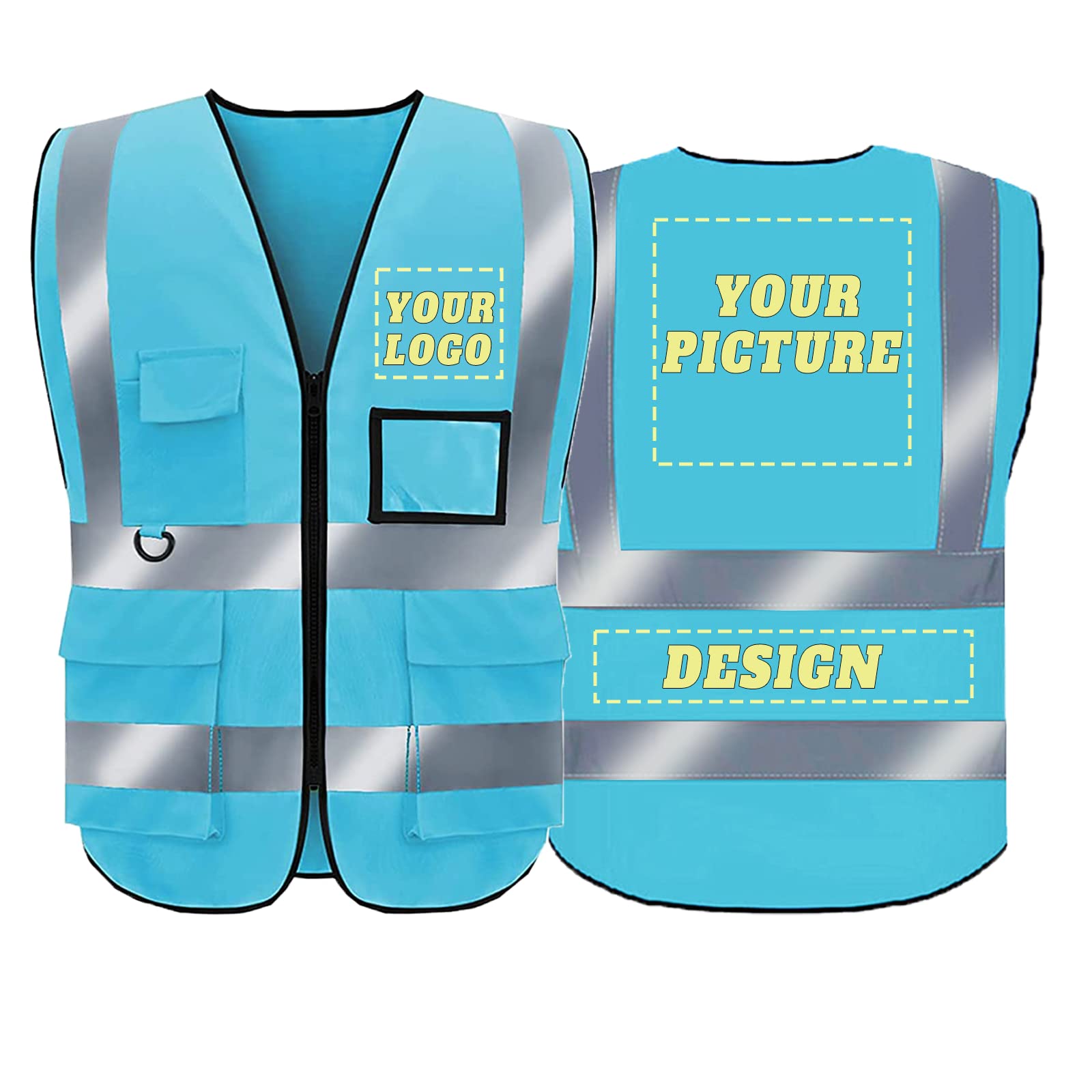 BeautyWill Hi Vis Customized Vest with Logo, Class 2 Personalized High Visibility Reflective Vestwith 5 Pockets and Zipper (LightBlue, XL) — image 1