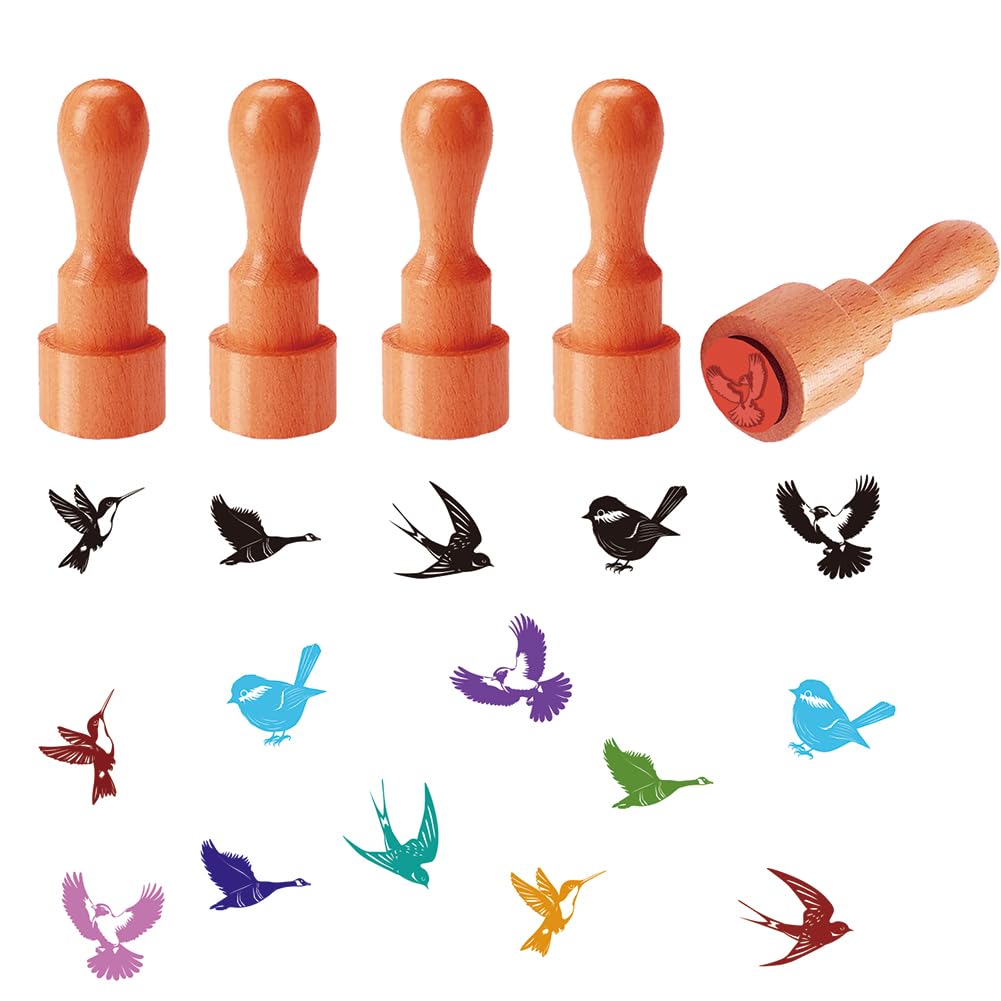 AHANDMAKER 5 Styles Hummingbird Stamps Bird Pattern Mini Stamp, Wooden Rubber Stamp
