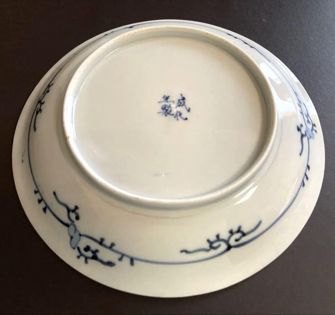 豪商家特注品　古伊万里　染錦風景画輪花型七寸皿　五客　直径21.5㎝ 古伊万里】 染付金彩楼閣山水文輪花七寸皿 10客セット 箱付