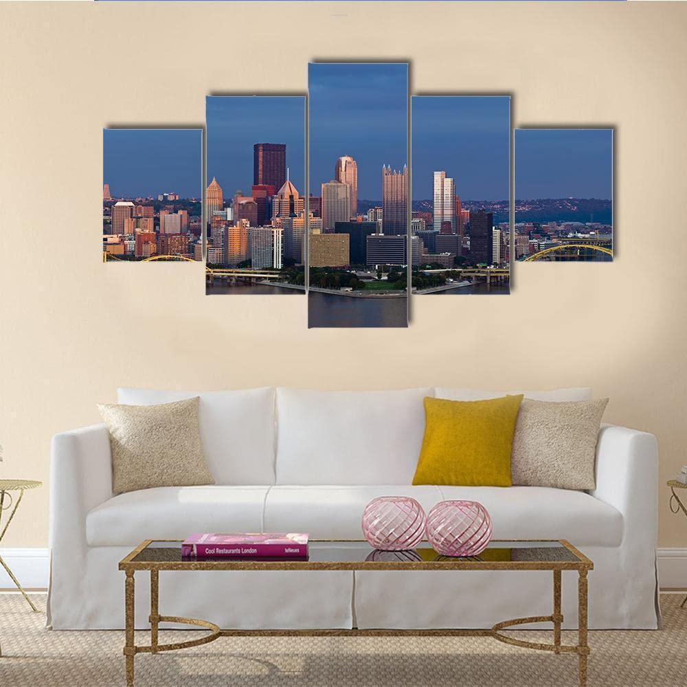 VSDG sans cadre Toile Pittsburgh Skyline Panorama Tableau Multi Panneau 5 Parties Impression sur Toile 5 Pieces Tableau Decoration Murale Salon Decor 200X100Cm Format XXL