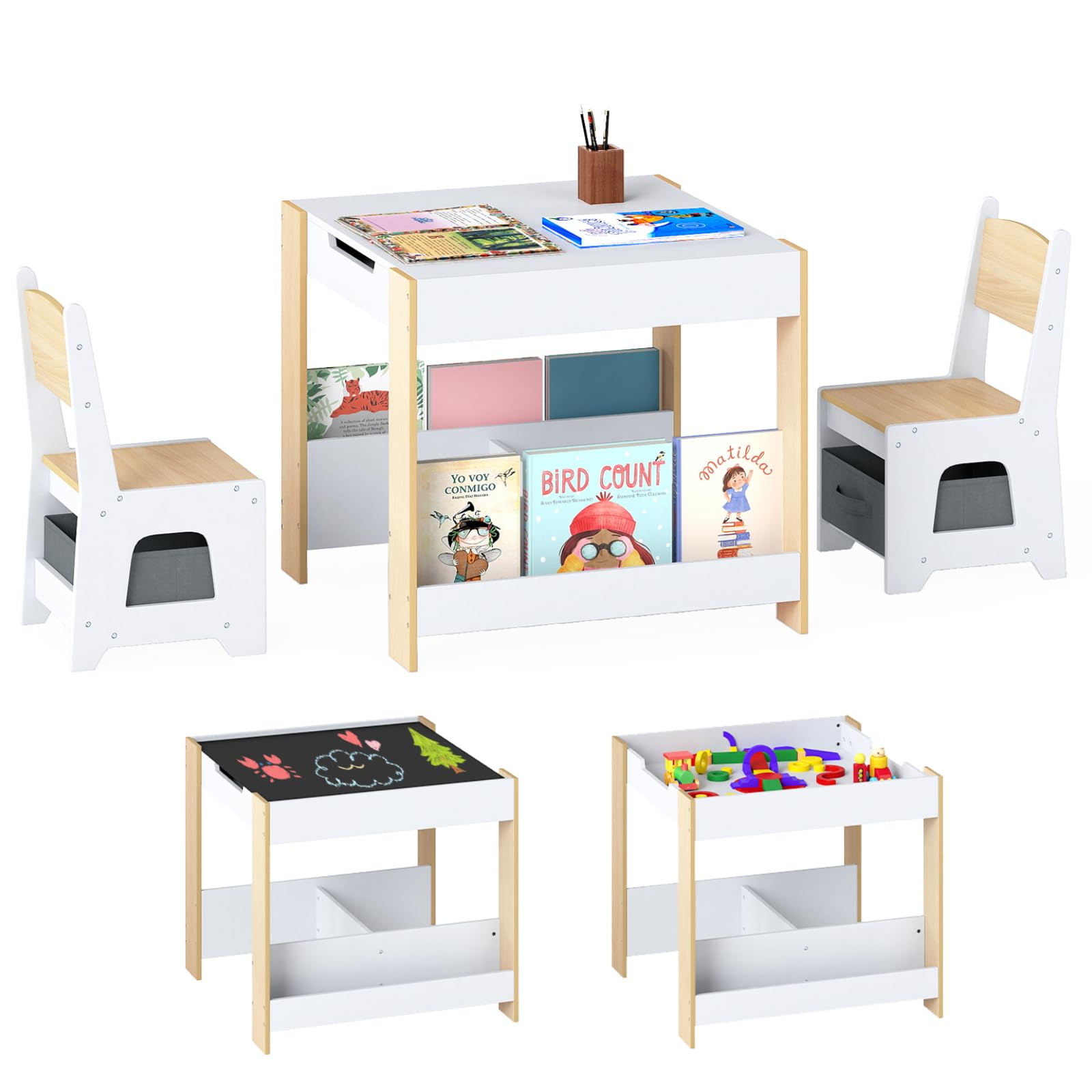Maxmass 4 in 1 Toddler Table and Chair (White+Natural, 61x61x56cm) — image 1