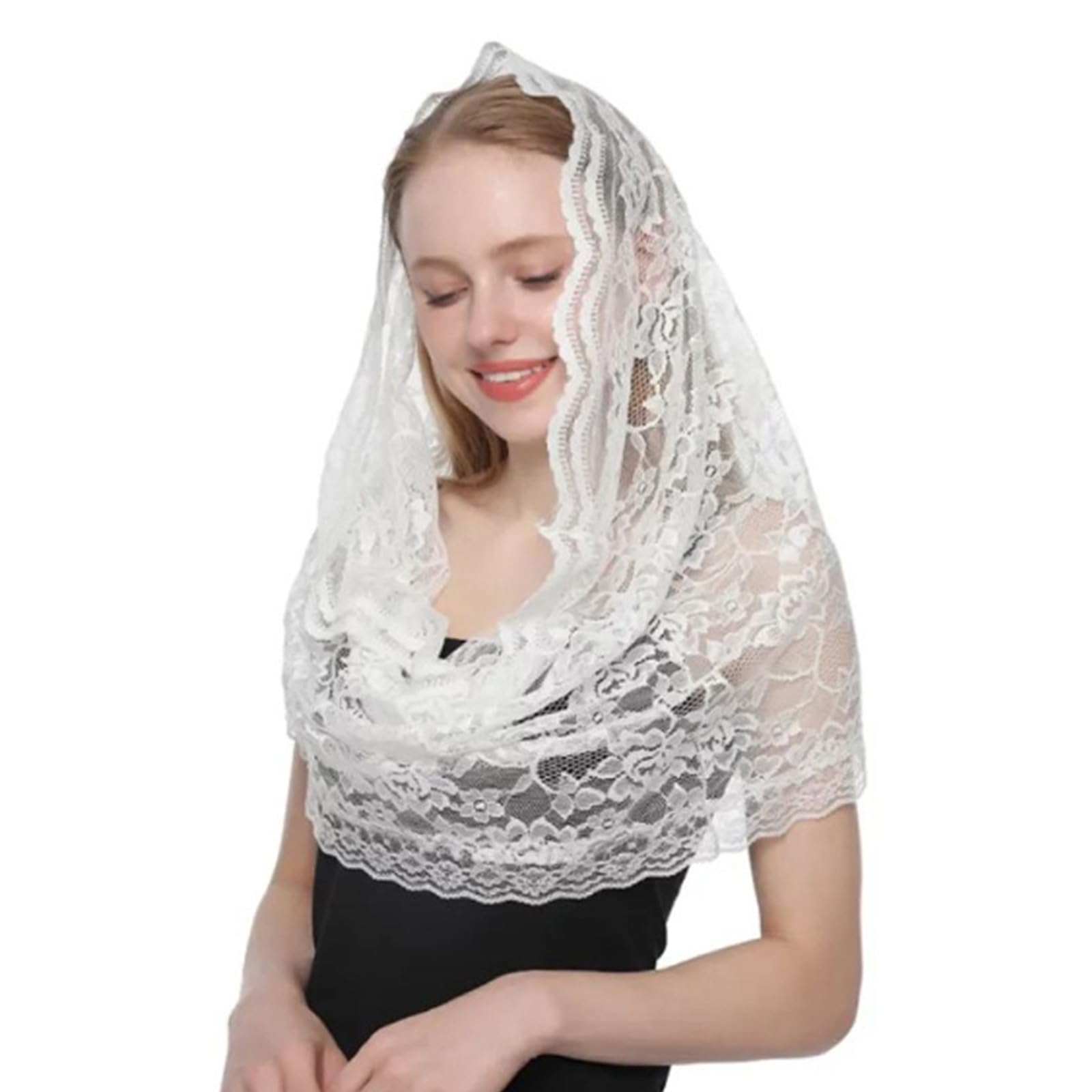 ZHENGCI Elegant Lace Mantilla Veil Catholic Headscarf Bride Veil Headscarf Vintage Flower Veil Wedding Accessory