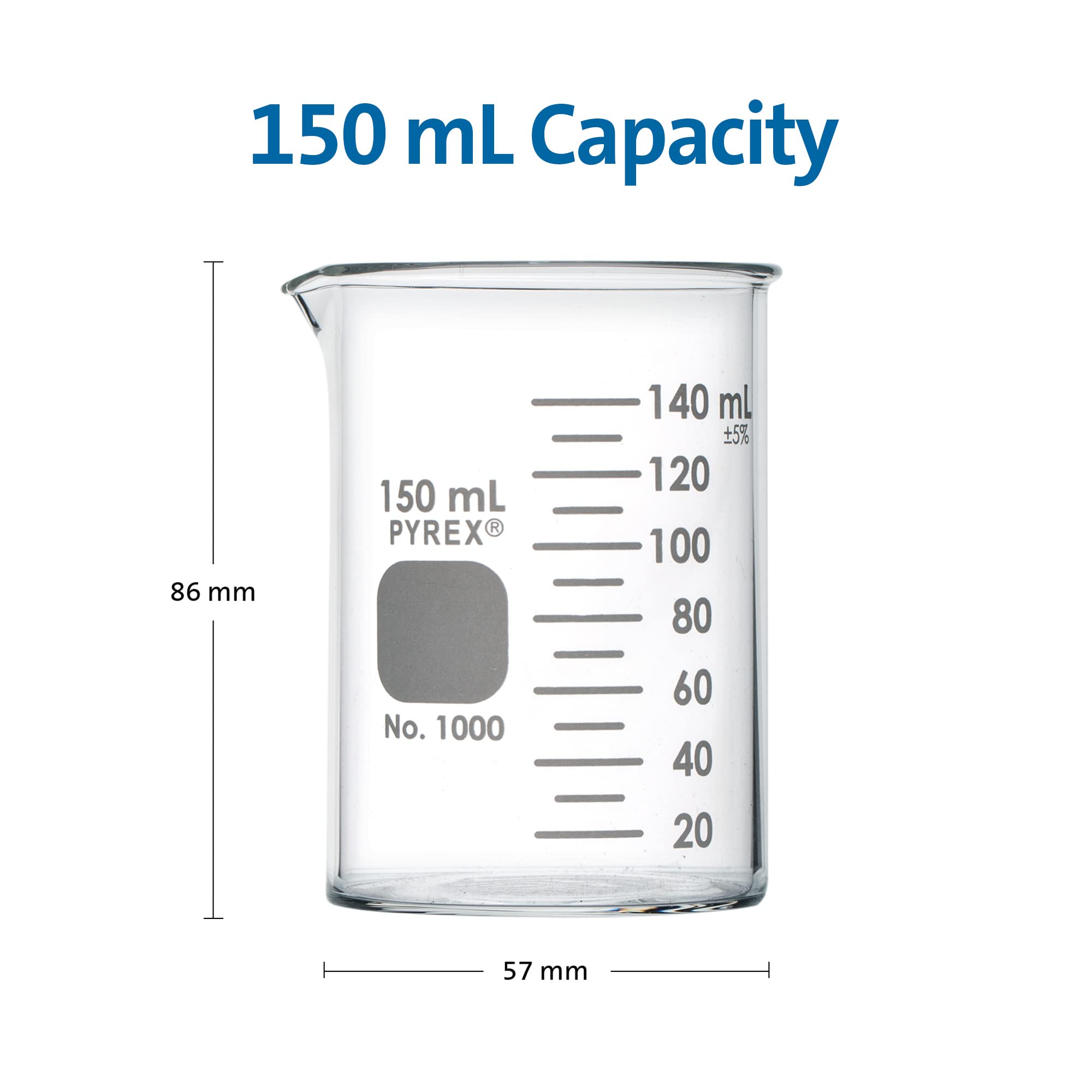 PYREX Griffin Borosilicate Glass Beaker- Low Form Graduated Measuring Beaker with Spout– Premium Scientific Glassware for Laboratories, Classrooms or Home Use- PYREX Chemistry Glassware, 150mL, 12/Pk