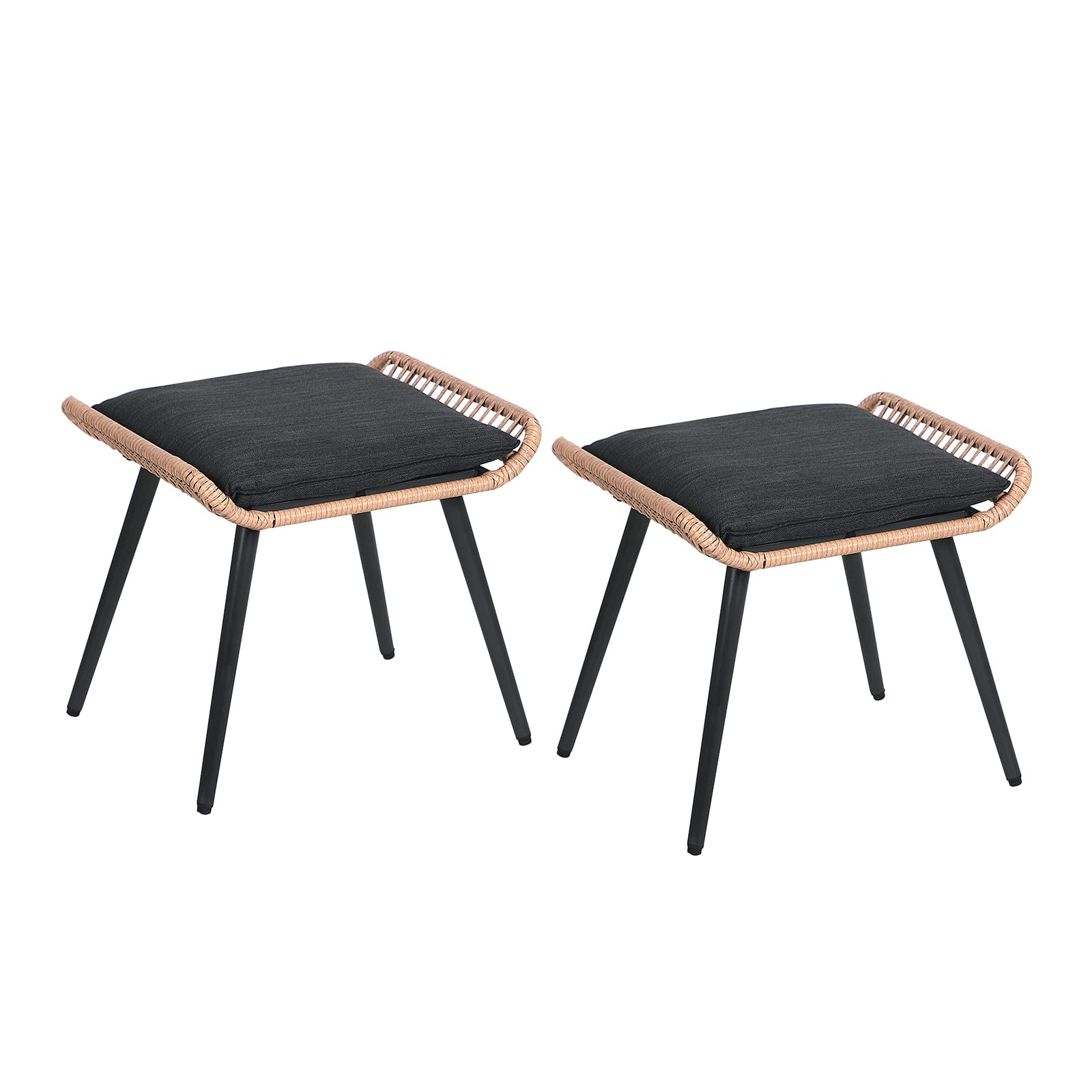JOIVI Outdoor Wicker Ottoman Set of 2, Patio Rattan Ottomans with Seat Cushions, 2 Pieces Footstool Footrest Seat for Outside Garden, Balcony, Living Room, Black