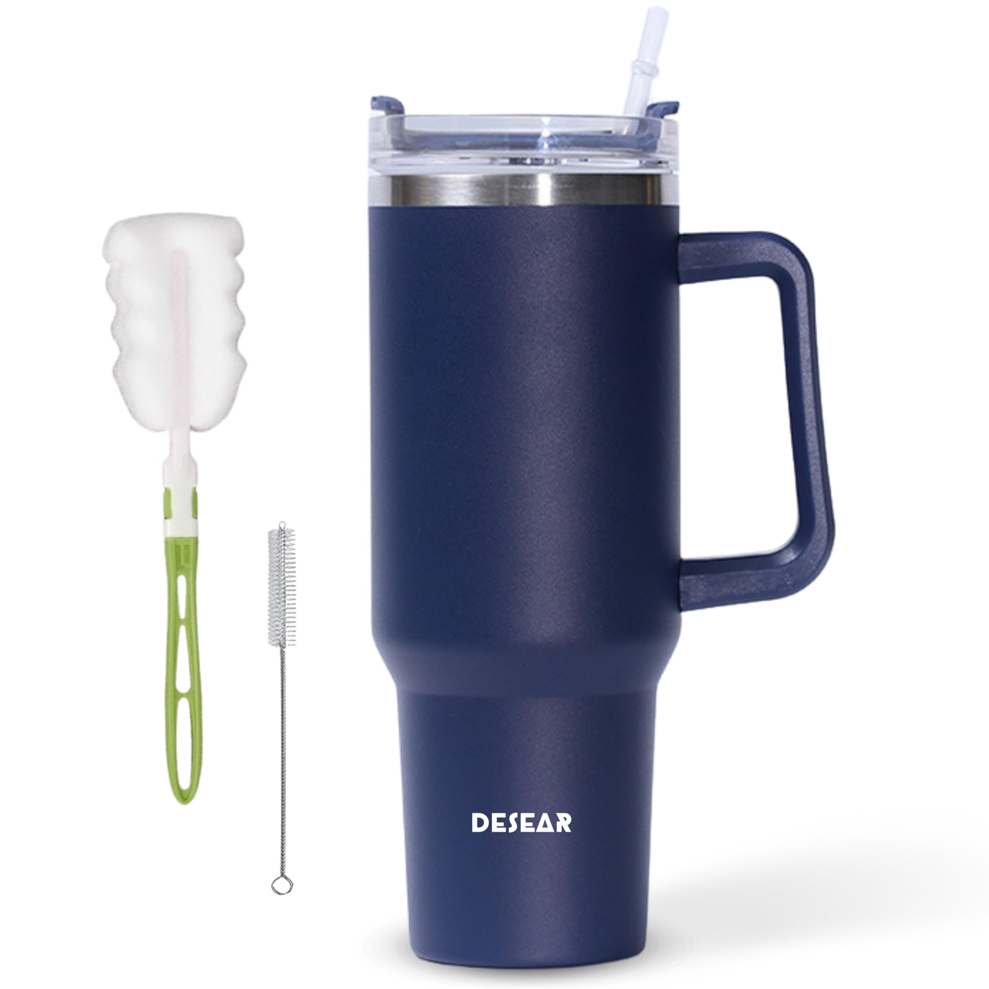 DESEAR 40oz Stainless Steel Coffee Mug with Straw & Lid – Vacuum Insulated Double-Walled Travel Tumbler with Handle – Keeps Drinks Hot & Cold – Large 1200ml for Coffee and Iced Beverages (Dark Blue)