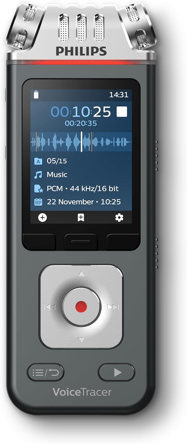 Philips DVT6115 VoiceTracer, Voice Recorder, 3 HiFi Microphones Optimised for Music Recording, Includes Sembly AI Test License: Transcription & AI Summaries