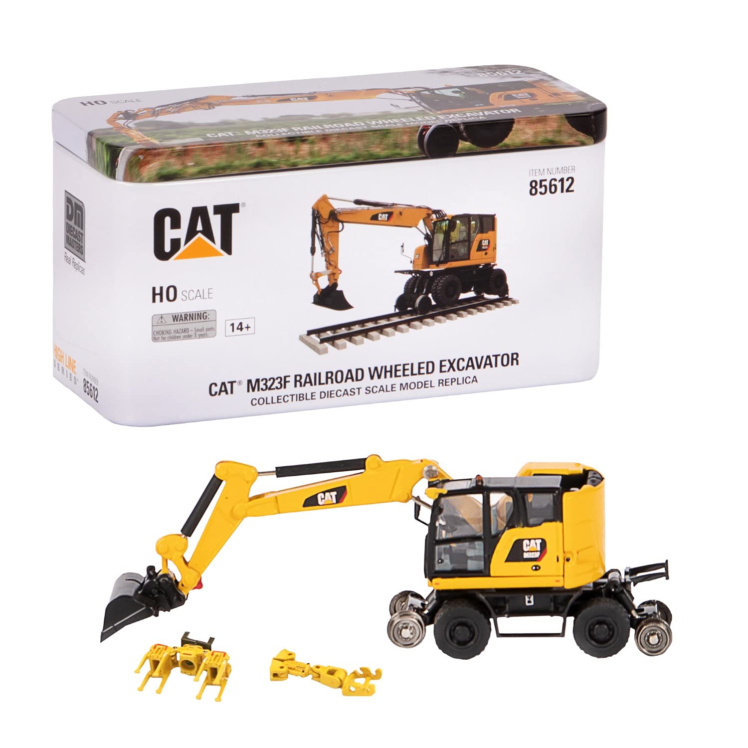 1:87 Caterpillar M323F Railroad Wheeled Excavator, Safety Yellow Color – HO Series – 85612 (Comes with 3 Interchangeable Work tools: Ballast Tamper, Rail Clamshell, and Bucket