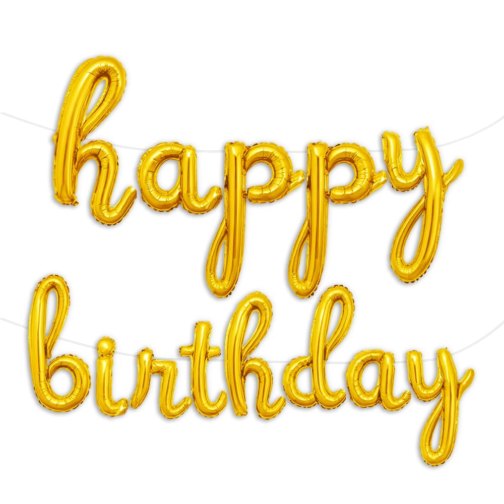 Gold Happy Birthday Balloons Banner | Script/Cursive Gold Letter Balloon Sign for Birthday Party Decor/Decoration | Foil Mylar Happy Birthday Banner
