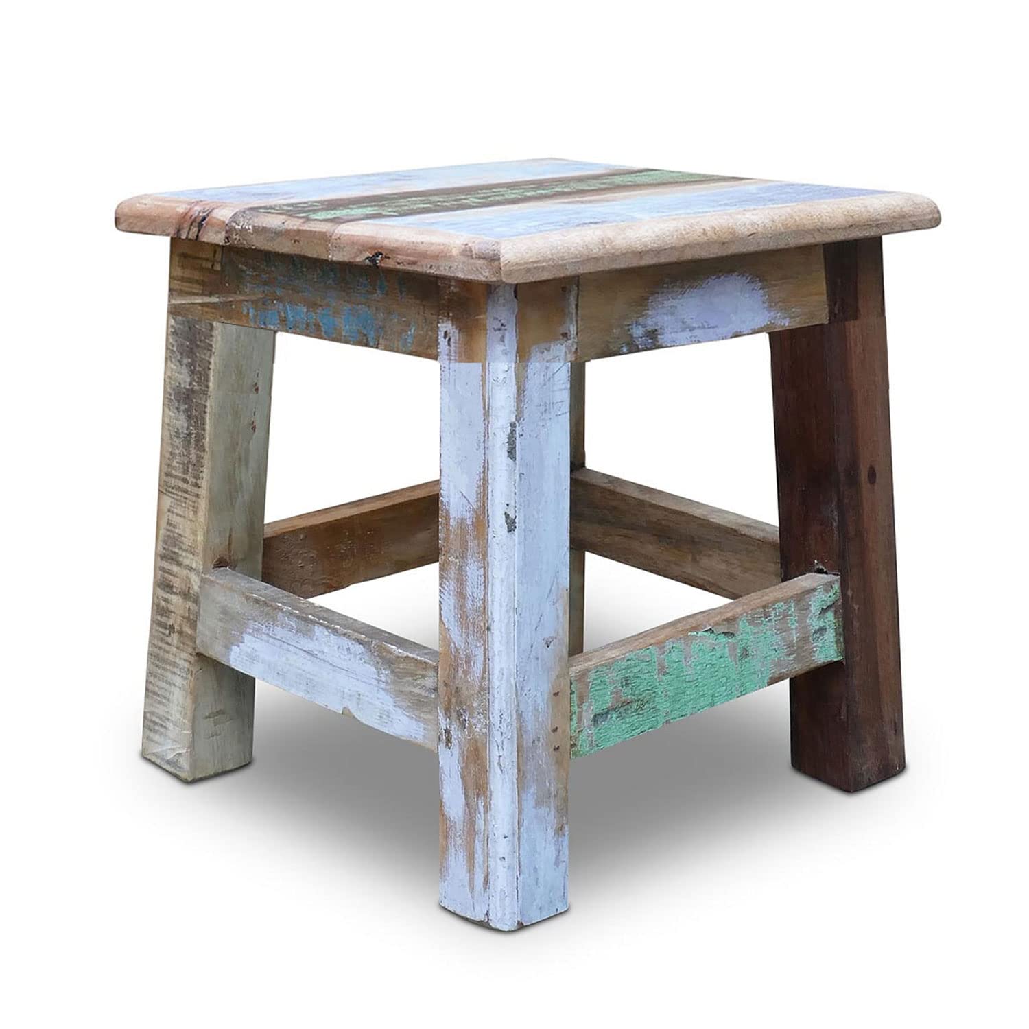 LS-LebenStil Vintage Holz Hocker - Mumbai - Teakholz - Massiv - Rustikal - Shabby Bunt - 28x26cm Schemel Fußbank Bänkchen Fußhocker Tritthocker Blumenhocker Pflanzenhocker Beistellhocker