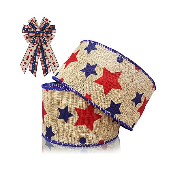 Patriotic fabric ribbons 4th of july decor ribbon patriotic spots stars edge wired burlap linen ribbons for labor day independence day gift wrapping party decoration crafts supplies 10 yards  urban country home decor