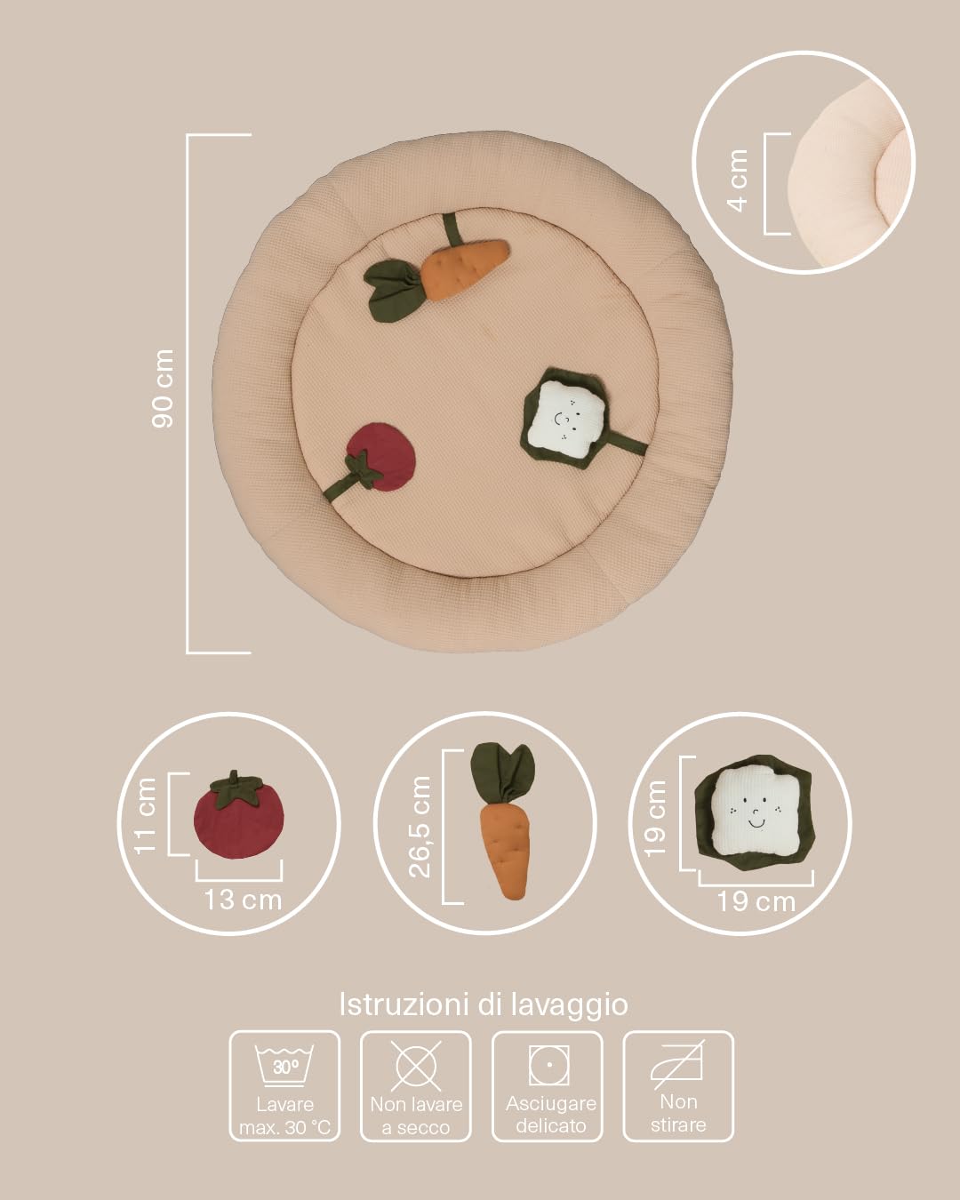 molis&co - Tappetino sensoriale per bambini, rotondo, 90 cm, con trame, suoni e giocattoli interattivi, imbottito, pieghevole, con borsa, Oeko-Tex 100 (Sand)