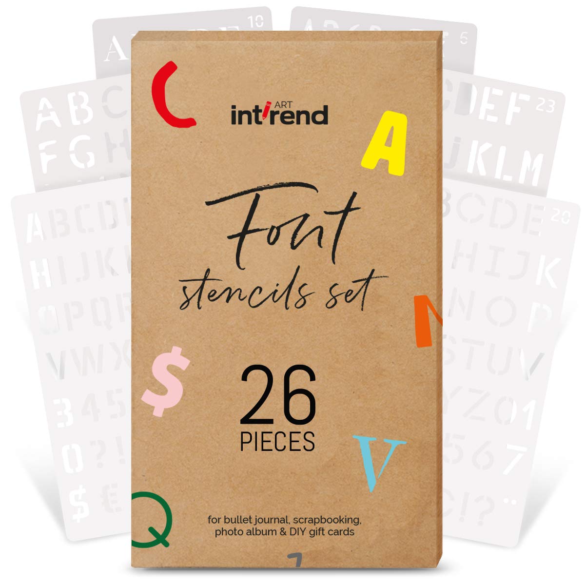 int!rend Juego de 26 plantillas de fuentes, letras y números, estilos moderno, vintage y cómic
