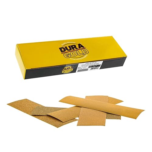 Dura-Gold Papel de lija dorado de grano 60, 80, 120, 150, 220, grano 220, 2-23 x 9 pulgadas, tamaño de hoja, dorado con gancho y bucle, 5 cada uno,