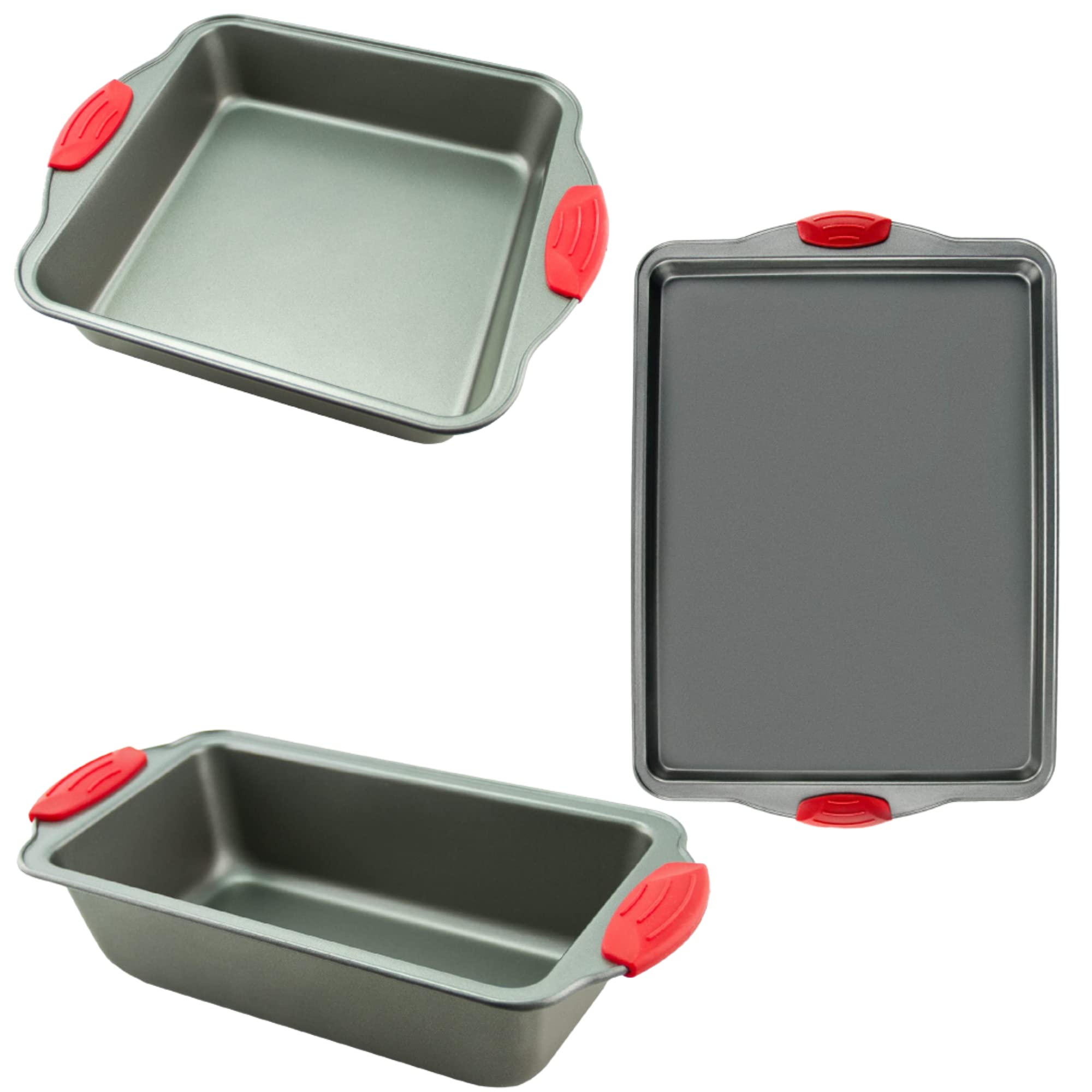 Boxiki Kitchen3 Pcs Non Stick Steel Baking Pans Set with 8X8 Square Cake Pan, Baking Sheet & Bread Pan for Baking -
