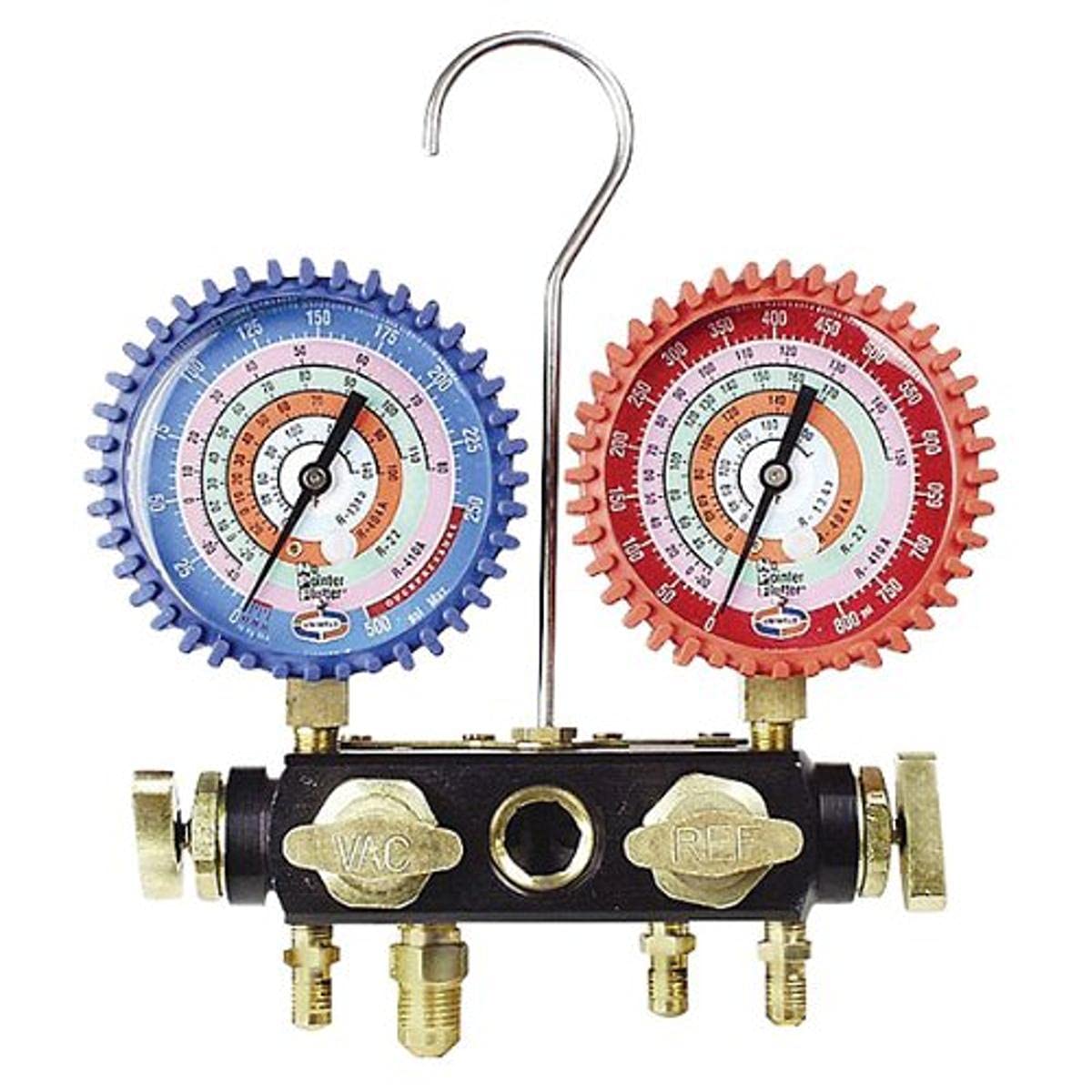 Uniweld Q4N85SM Refrigerant Manifold Sets, 4 Valve Aluminum manifold with 5 foot hose, 3-1/8