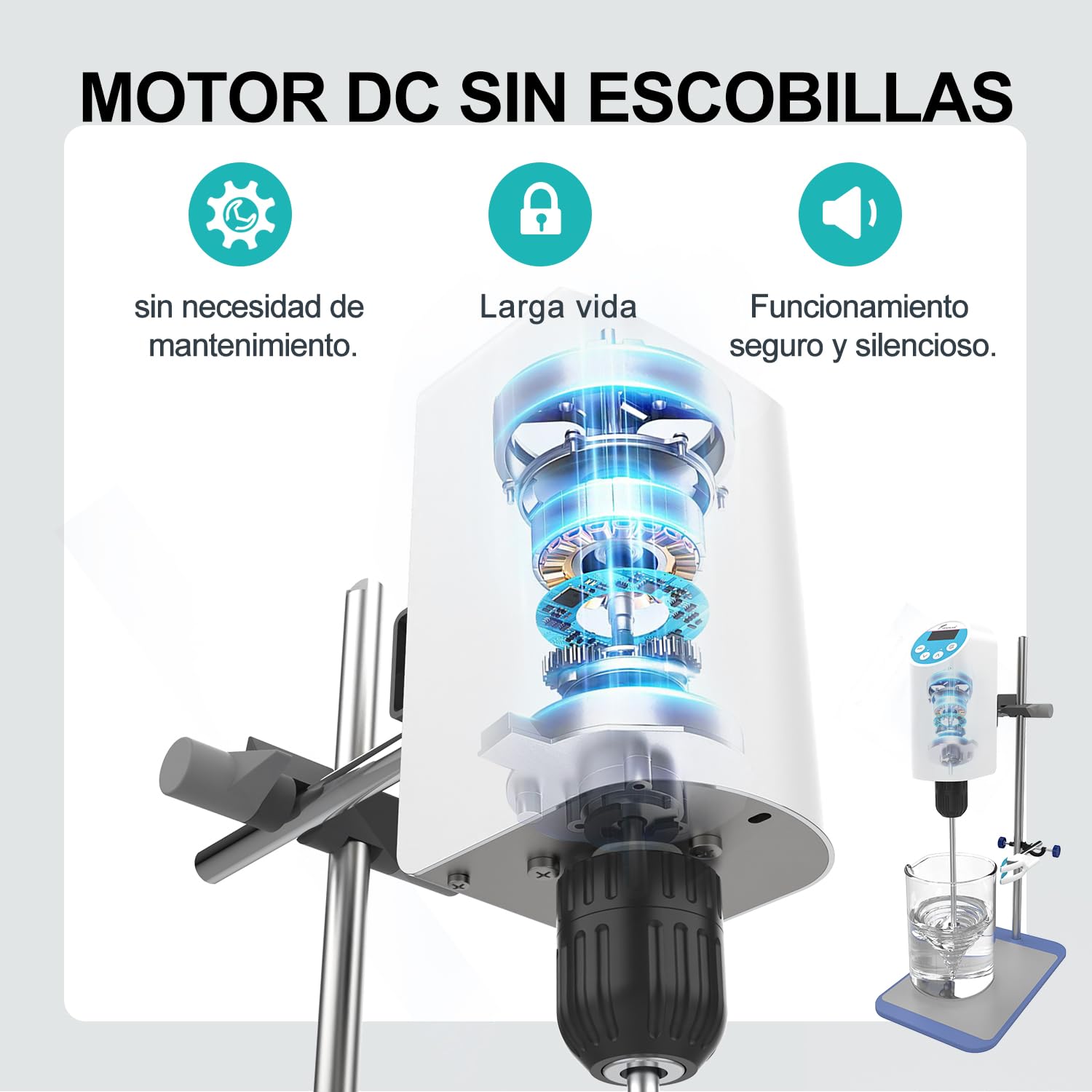 JOANLAB Batidora digital de laboratorio eléctrico con soporte de acero inoxidable y varilla agitadora, velocidad ajustable de 100 – 2000 rpm, capacidad de 20 L, 30000 mPas, potente para líquidos de