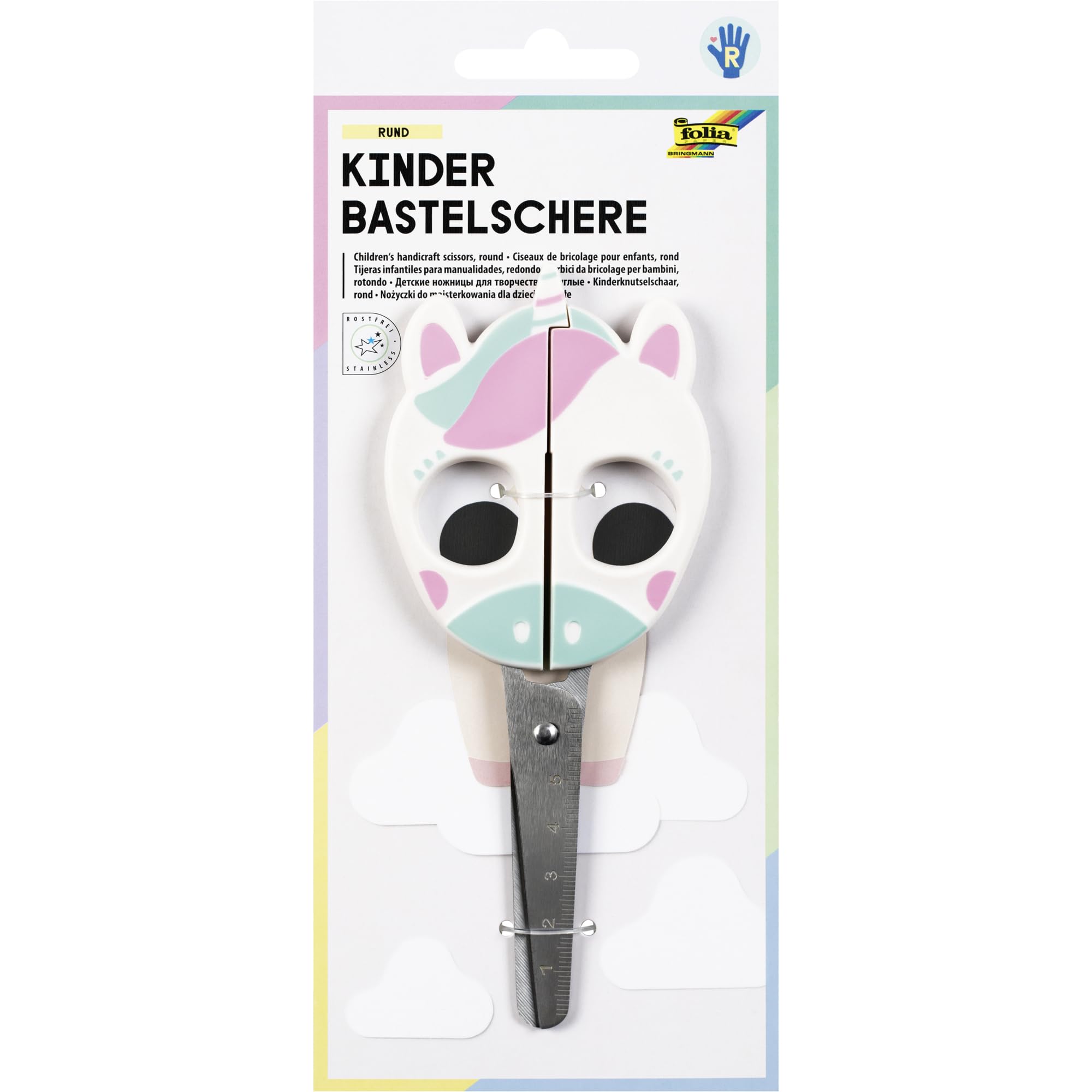 folia 771 Children's Craft Scissors Unicorn, Approx. 16 cm, Children's Scissors with Unicorn Motif and Ruler Embossing, Rustproof with Rounded Corners, for Right-Handed Users