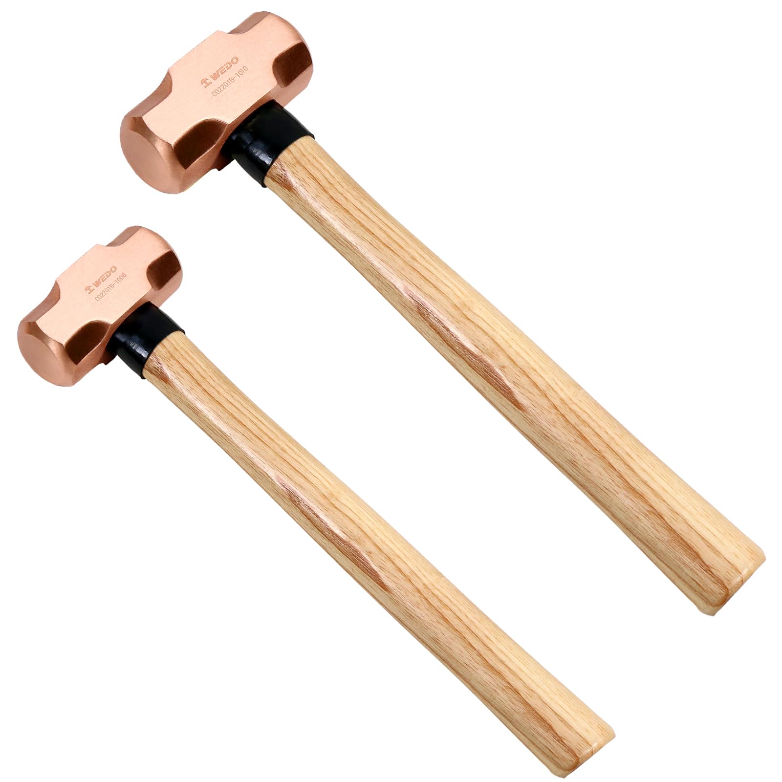 WEDO Zestaw miedzianych młotków kowalskich, 2 szt., 1,4 kg + 2,3 kg, drewniany uchwyt, niemagnetyczny, matrycowy, odporny na korozję, standard DIN