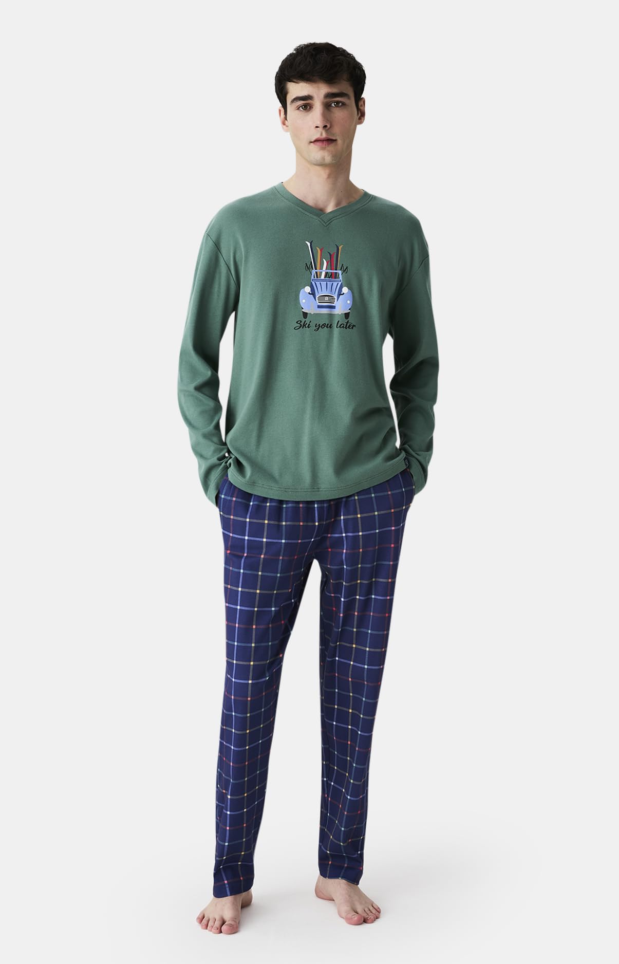 ARTHUR - Pyjama Homme, Ensemble Manches Longues et Pantalon - 100% Coton Bio léger - Motif Carreaux/Rayures