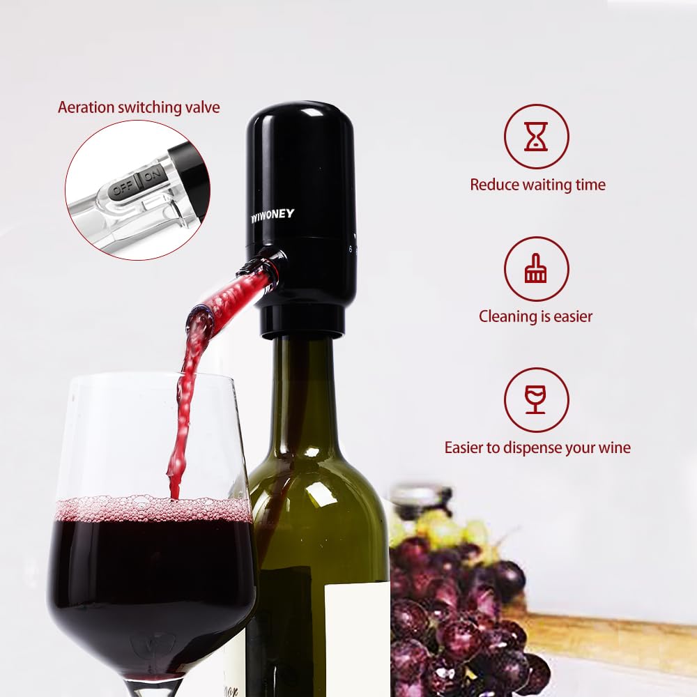 Aeratore per Vino con Decanter Elettrico, Versatore Elettrico Vino, Dispenser Vino Automatico con Due Tubi di Collegamento in Silicone, Nero