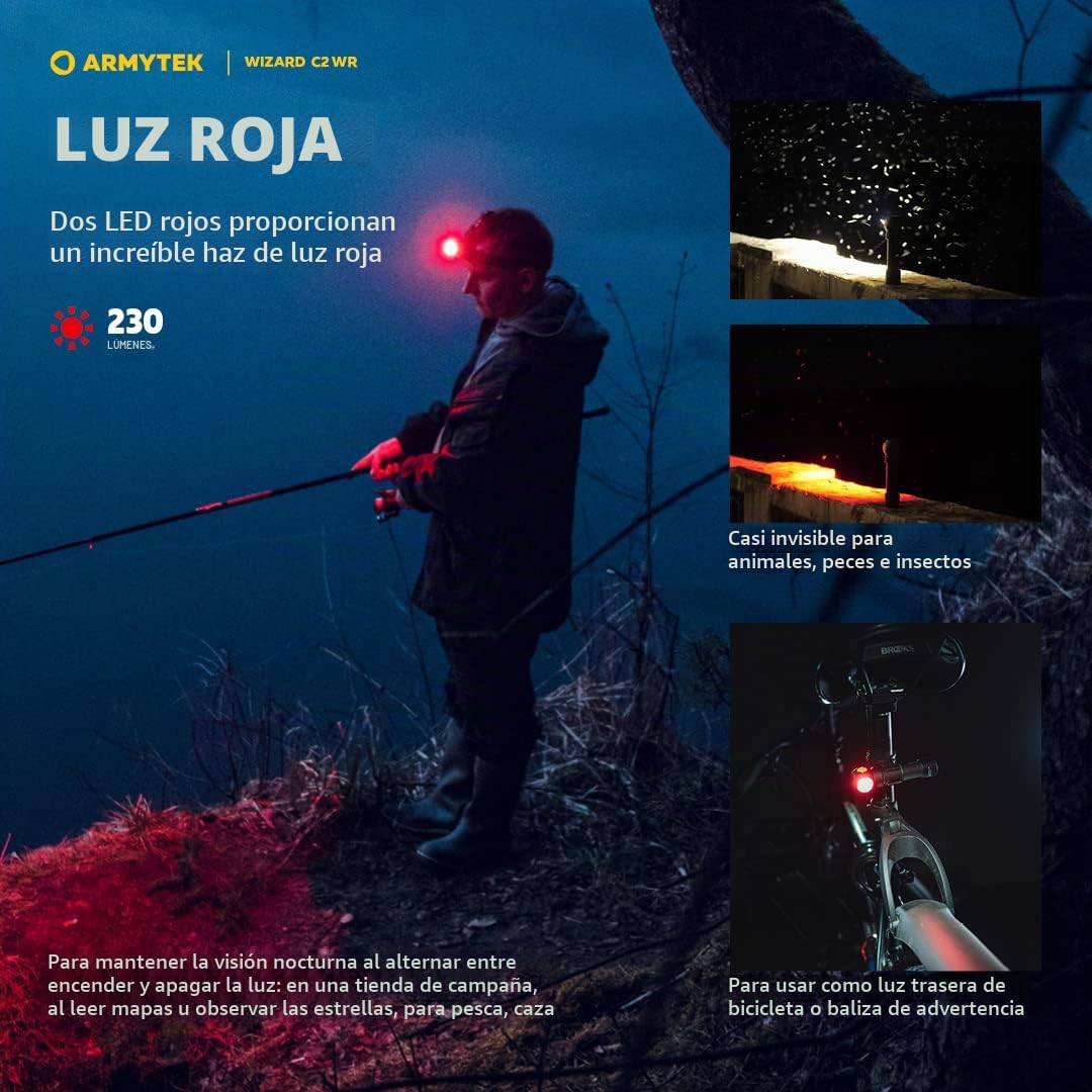 Linterna frontal LED Nueva Armytek Wizard C2 WR blanco frío y rojo Multifunción Recargable por USB + Batería 18650 Li-Ion