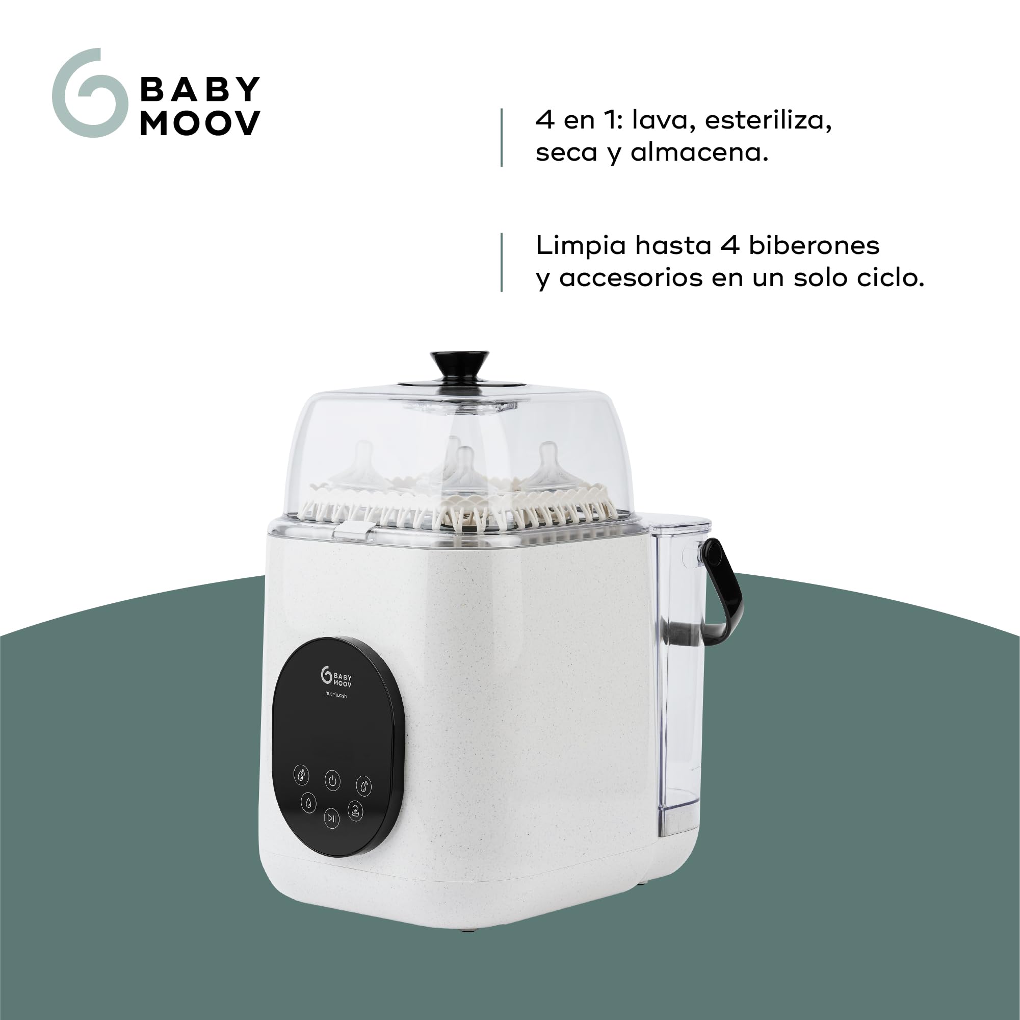 Babymoov Lavabiberones eléctrico NutriWash - Lava, esteriliza, seca y almacena - 11 programas rápidos a partir de 19 min - Compatible biberones y accesorios - Pantalla táctil - Garantía de por vida