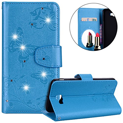 Surakey Coque Galaxy J5 Prime,Fleur de Papillon Motif Cristal Glitter Strass PU Cuir Case à rabat Coque Portefeuille Housse Flip Wallet Case Magnétique Étui pour Samsung Galaxy J5 Prime, Bleu