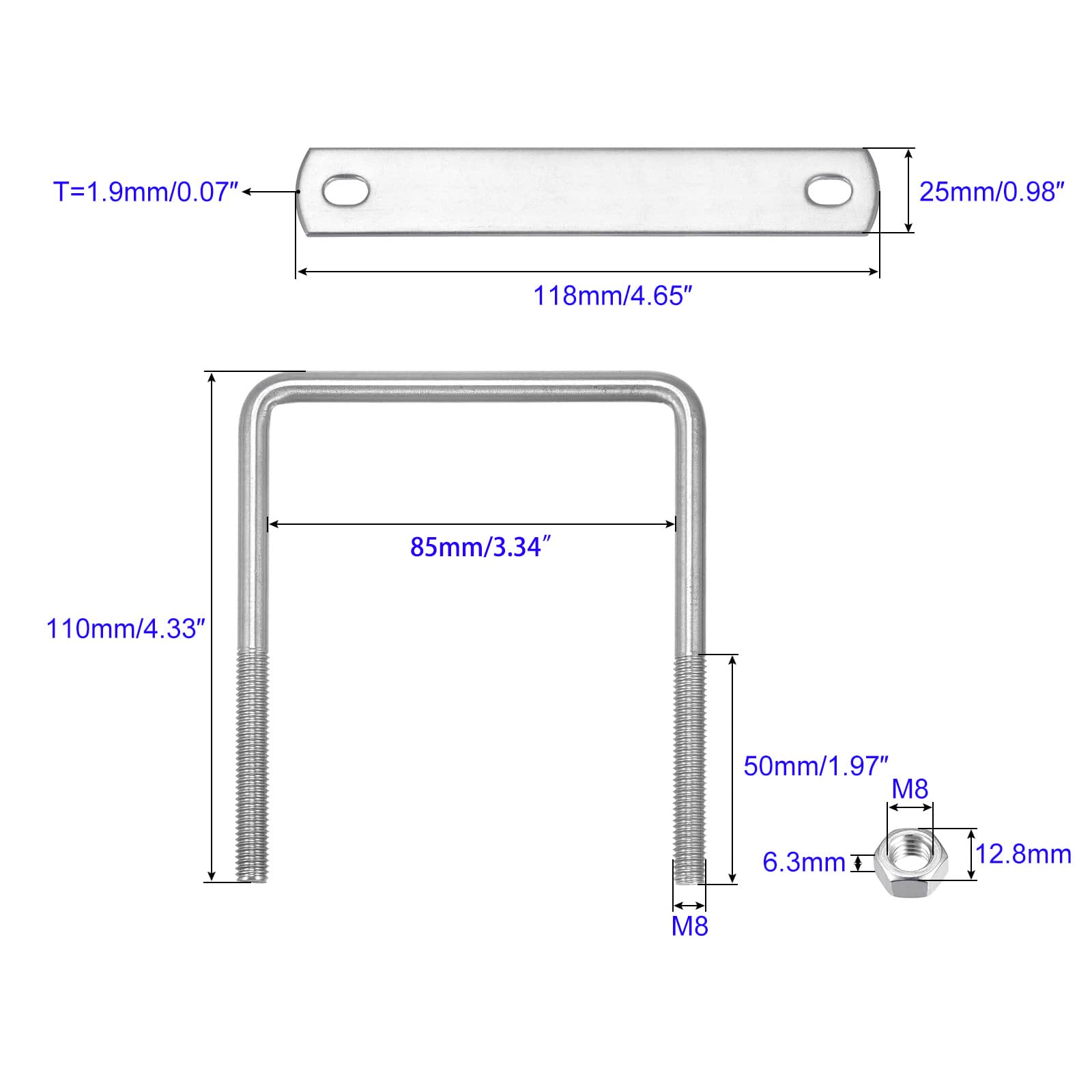 MACHSWON Square U-Bolt,2 Set 304 Stainless Steel M8 U Bolts 85mm(3.43") Inner Width 110mm Length with Nuts and Frame Plate for Automobiles Boat Trailer - Image 2
