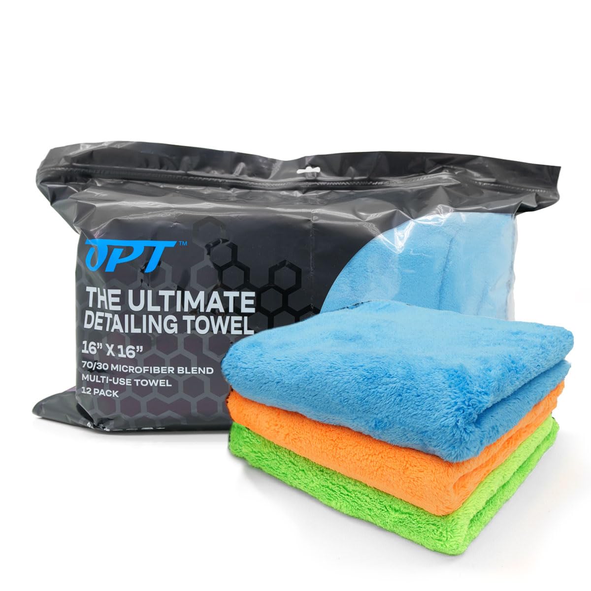 Optimum Polymer Technologies, Inc. Green, Blue, Orange Optimum The Ultimate Detailing Towel – Microfiber Car Detailing Towel, 550 Gsm, 16” X 16”, 70/30 Blend – 4 Green, 4 Blue, 4 Orange