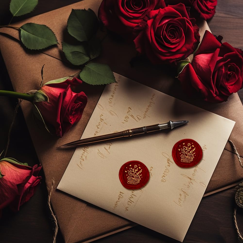 Book Flower Wax Seal Stamp 1" Invitations Embossed Stamp Sealing | Removable Head Wax Stamp，Retro Wood Sealing for Wedding Party Invitation Gift Wrapping，Wax Stamps for Envelopes Wine Decor
