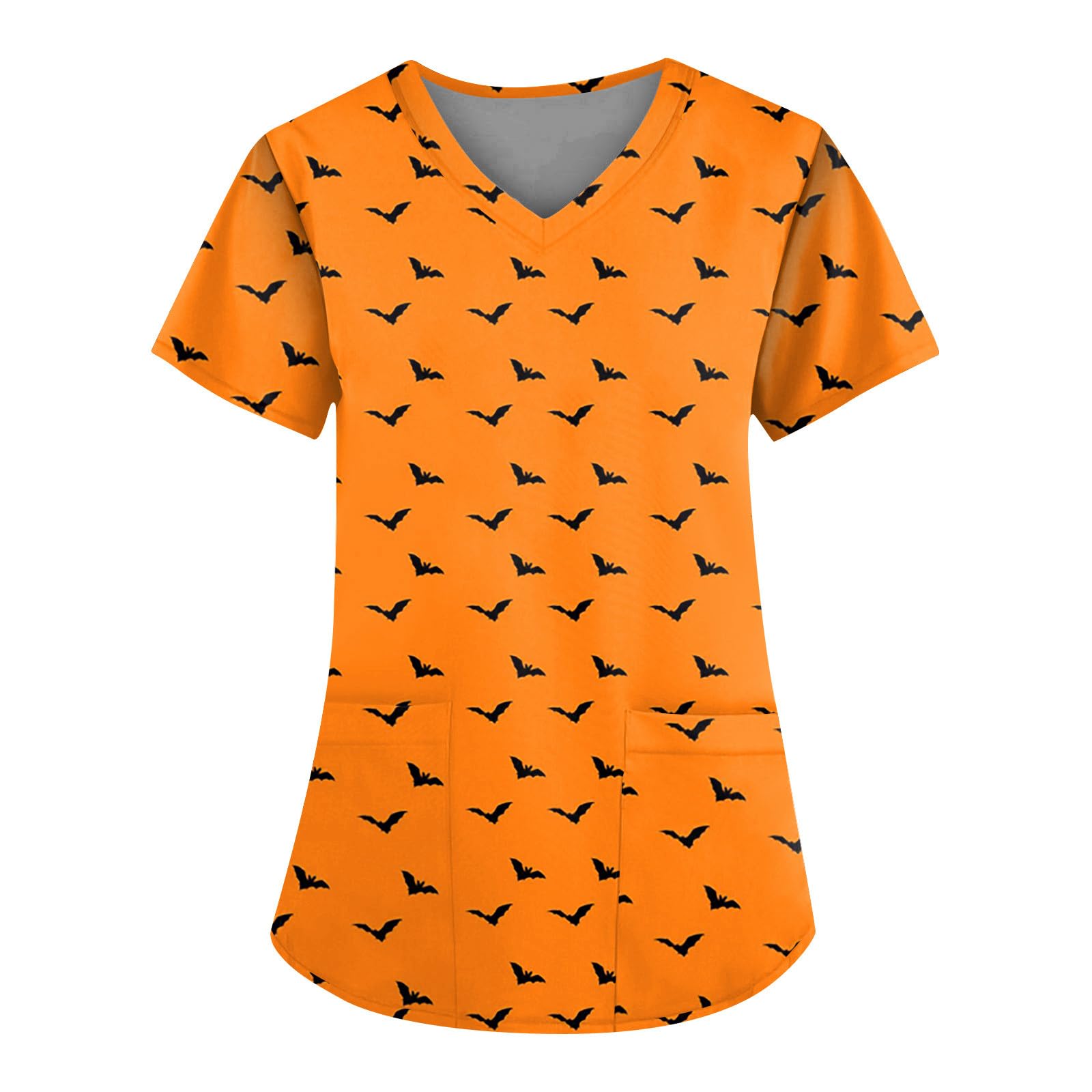 Womens Scrub Tops Pumpkins, Bats, Ghosts Print Halloween Scrub Tops Women V-Neck Short Sleeve Pocket Nurse Scrubs