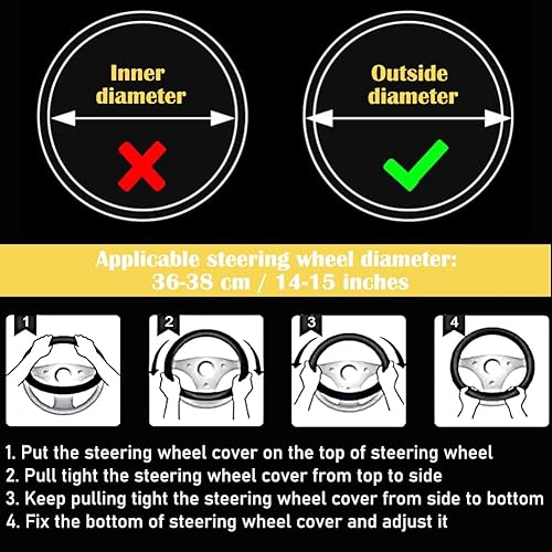 Miniatura 7 de Muamos Funda elástica universal para volante de 15 pulgadas, funda de cuero de microfibra suave, transpirable, antideslizante, accesorios duraderos