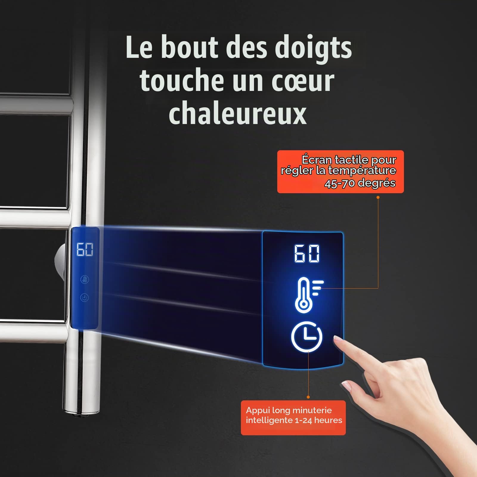 QL Sèche-Serviettes Électrique Chauffant 145W,Porte-Serviettes Mural,Chauffe-Serviettes avec Minuterie,Thermostat,Étagère 680x500mm Argenté