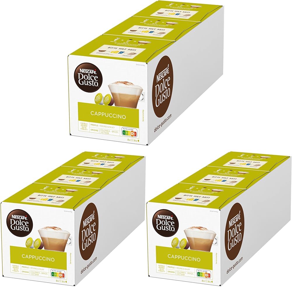 NESCAFÉ Dolce Gusto Cappuccino, 48 Kaffeekapseln, Arabica und Robusta Bohnen, Vollmundiger Kaffee und lockerer Milchschaum, Aromaversiegelte Kapseln, 9er Pack (3x16 Kapseln)