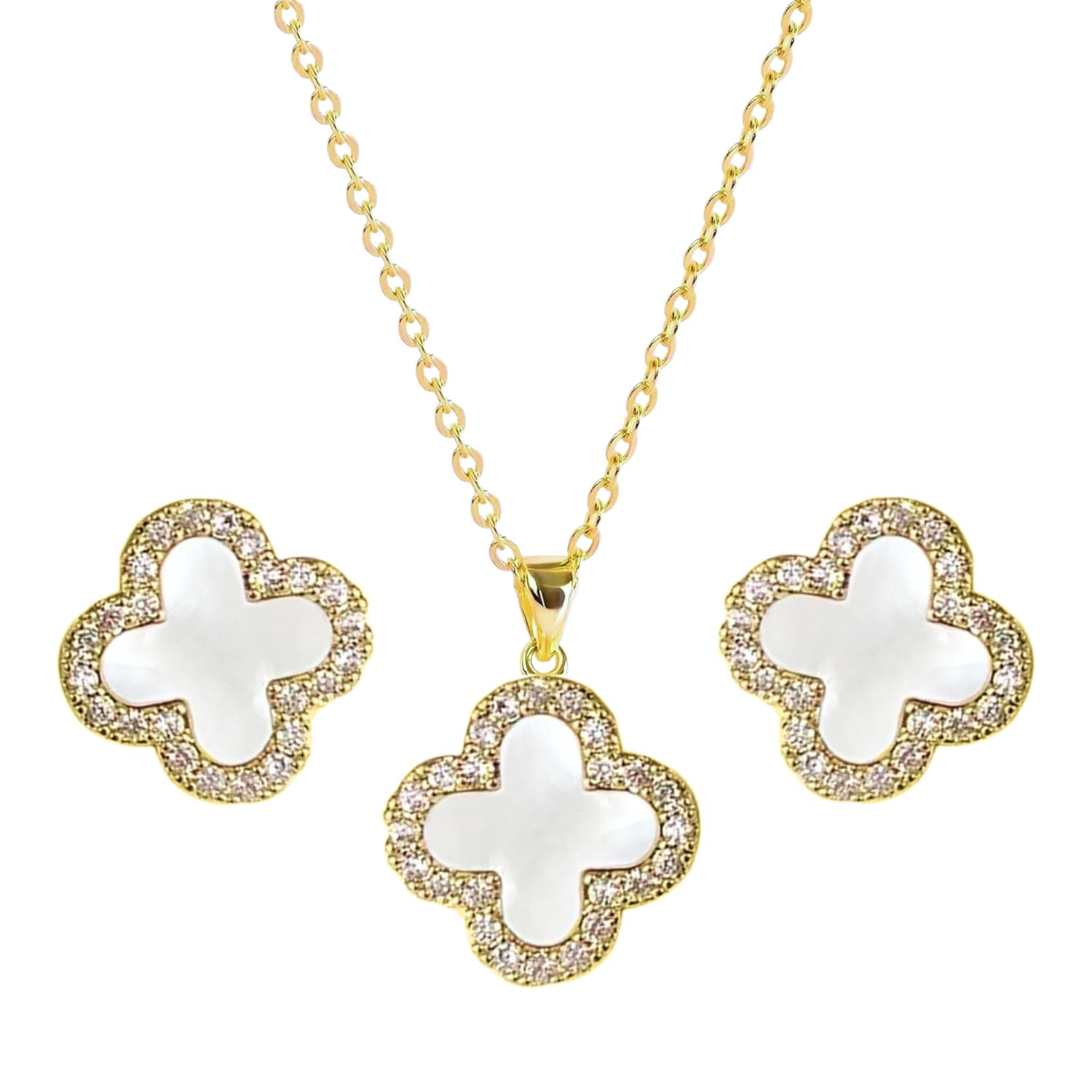 Studded Necklace Earrings Set for Women | Designer Four Leaf Jewelry Set for Women | Lovely Gift