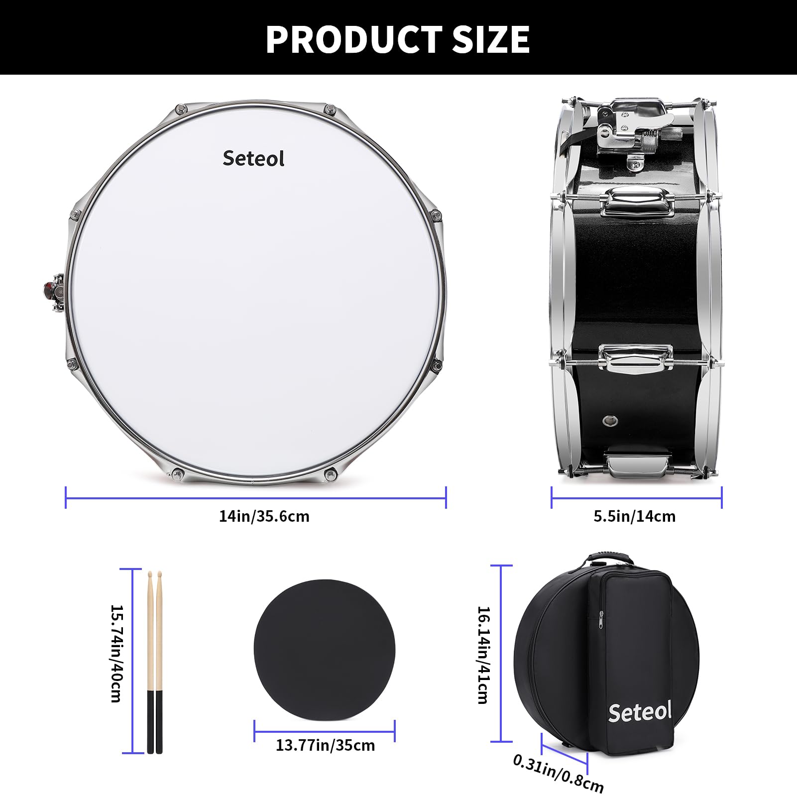 Kit per rullante, 35,6 x 14 cm, con custodia imbottita | Silent Mute Pad + coppia di bacchette 5A + chiave per batteria, set hardware portatile per adulti (nero)