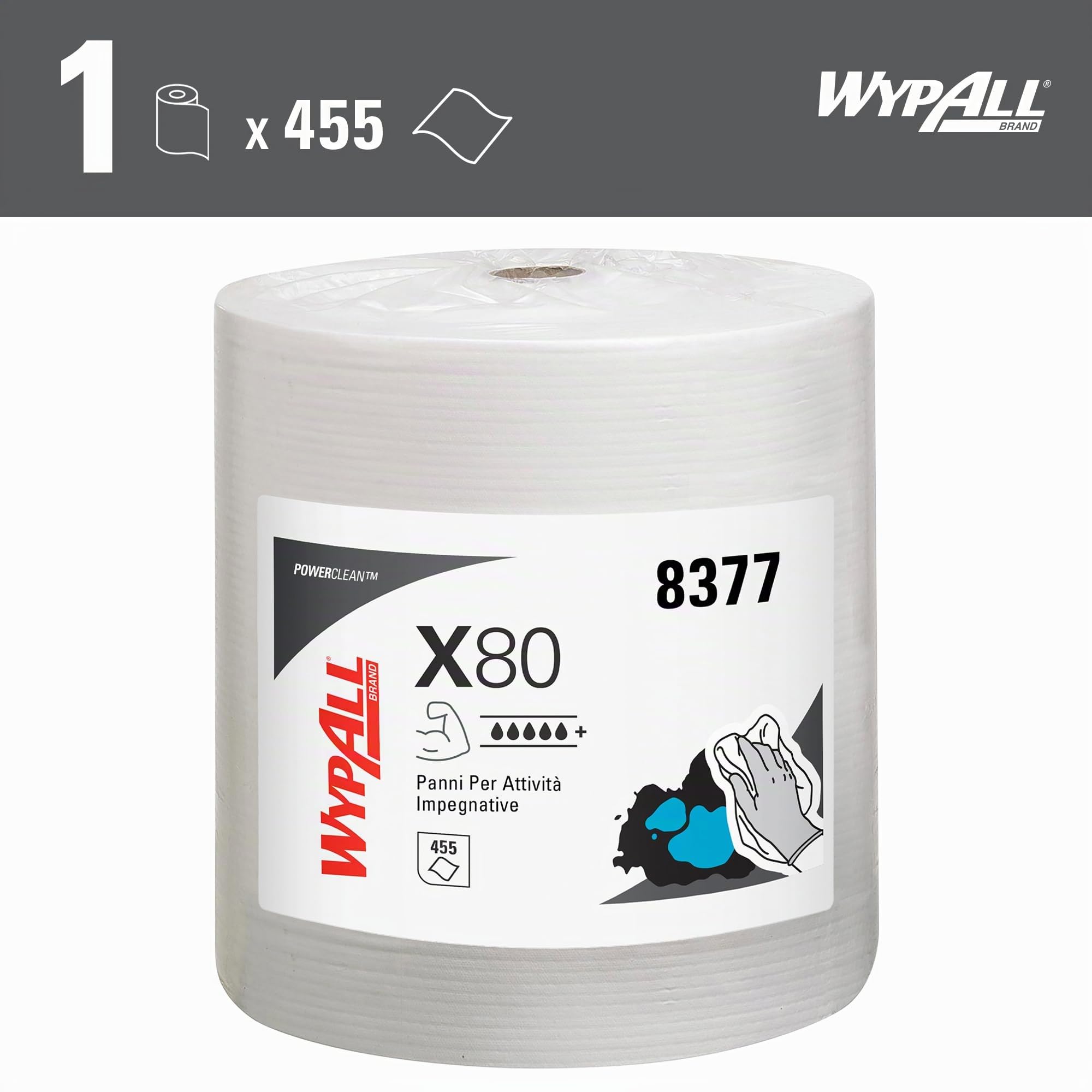 WypAll Panni WypAll X80 Power Clean - Panni per la pulizia riutilizzabili - 1 rotolo grande da 455 panni assorbenti bianchi, Numero articolo 8377