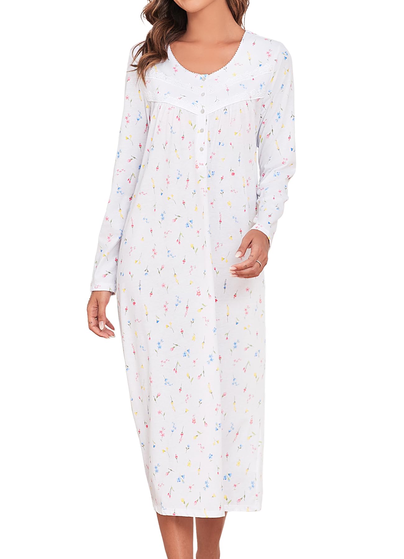 QRRLUEN Long Cotton Nightgowns for Women 100% Cotton Night Gown Long Sleeve Ladies Nightgowns Sleepwear Vintage Sleep Dress