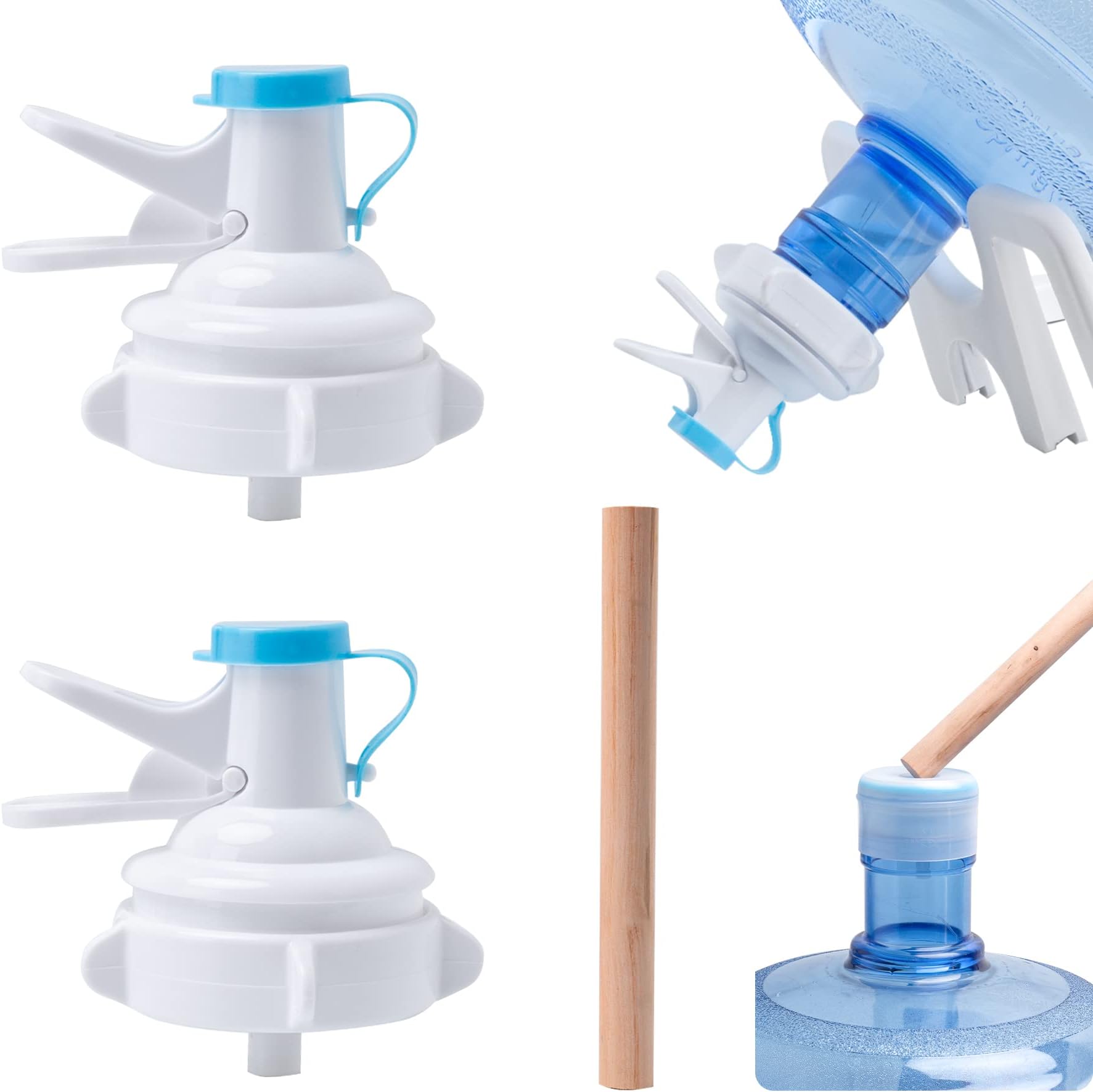 OHOH 2 Pack Water Dispenser Valve, Water Jug Dispenser Valve, Jug Cap Bottle Spout Reusable Plastic Spigot Faucet with Dustproof Cap and Wood Stick for 55mm Non Threaded Crown Top Drinking Bottle