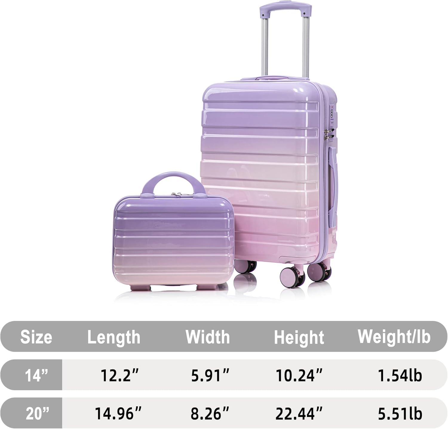 20 Inch Carry on Luggage Set with 14" Cosmetic Case Pink Purple, Suitcases with Spinner Wheels Hardshell, Hard Shell Suitcases 2 Piece Set, Rolling Suitcase for Women/Men/Girls Travel