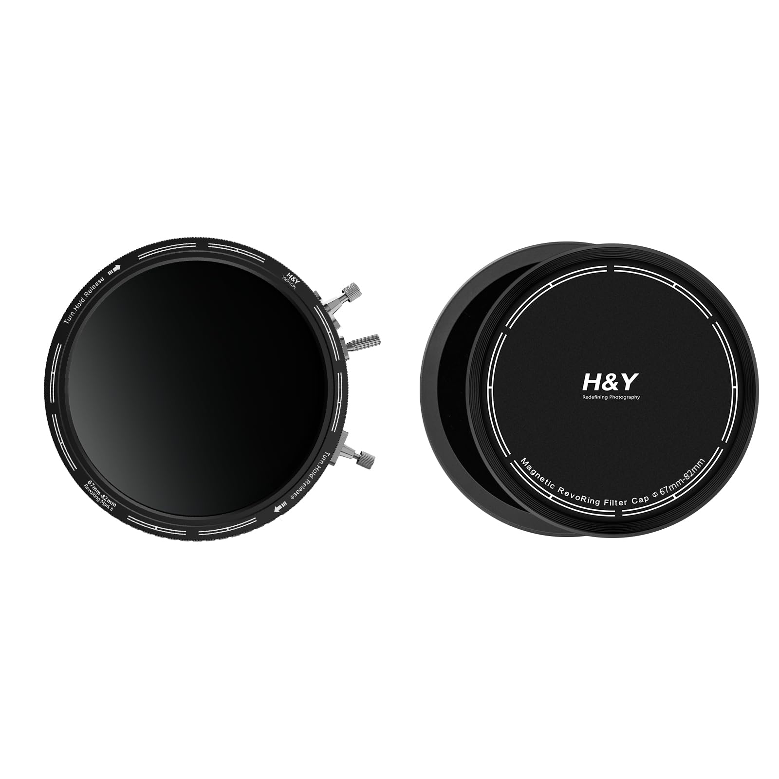 H&Y RevoRing Mark II 3-in-1 Filterset 67–82 mm mit einstellbarem variablem ND3-1000- und CPL-Polarisationsfilter, integriertem Adapterring und Schutzkappen vorne und hinten