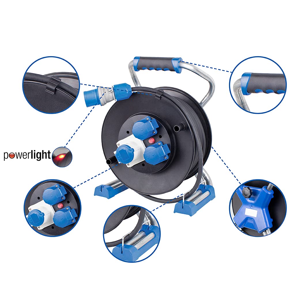 As - Schwabe Xperts - Avvolgicavo da campeggio, 25 m, per esterni, con spina CEE 230 V/16 A/3 poli, 2 prese Schuko e 1 presa CEE - IP44 - Made in Germany I 22176