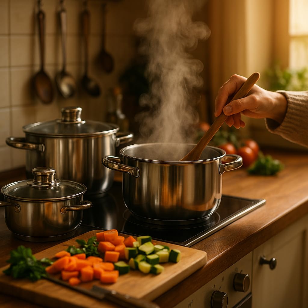 Edelstahl Topfset 12-teilig mit Glasdeckeln, induktionsgeeignet – stapelbares Kochtopf-Set mit Kapselboden für alle Herdarten, kleine Küchen, WG & Camping