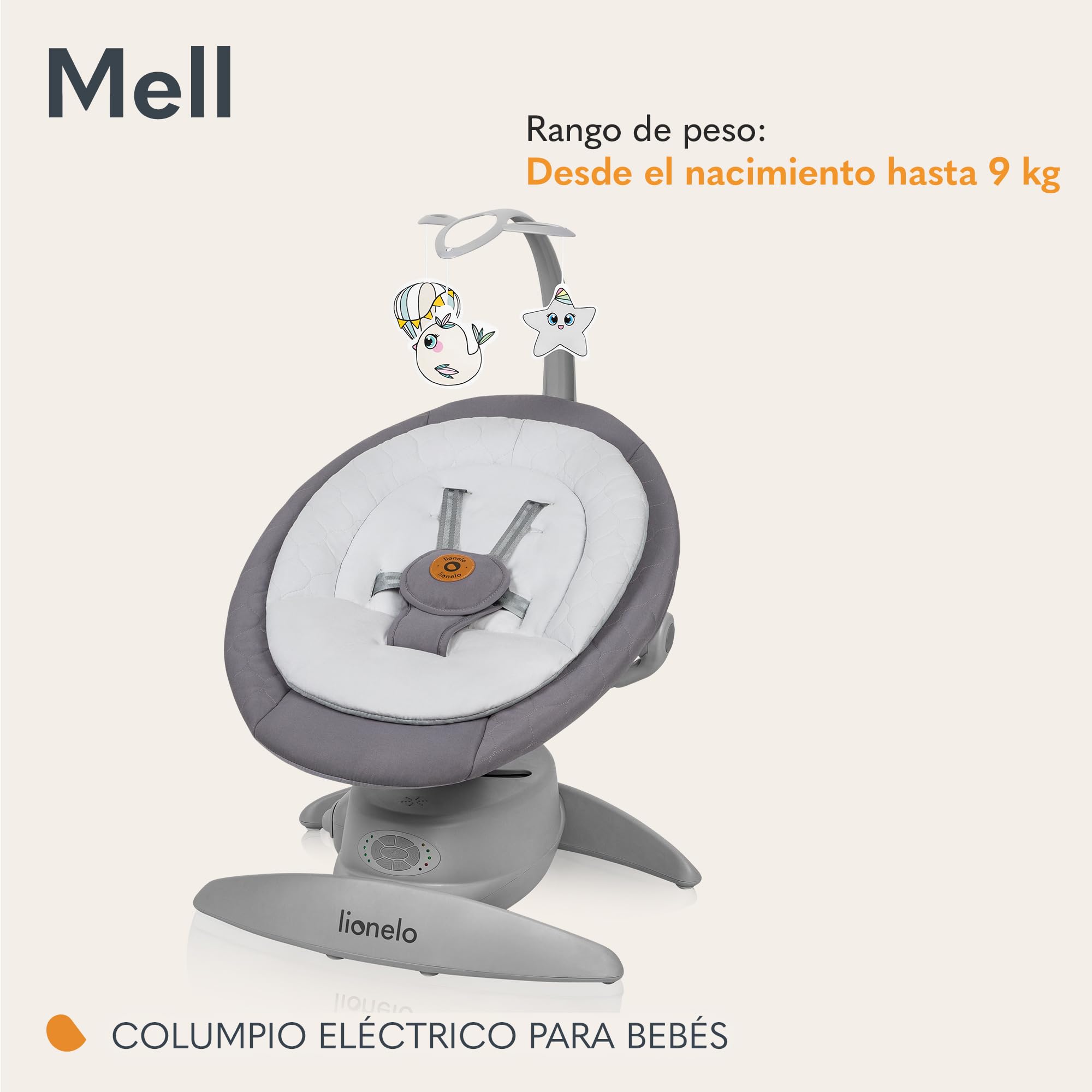 lionelo MELL Mecedora para Bebés 360° Ajustable con 5 Velocidades, Seguridad con Arnés 5 Puntos, 12 Melodías, Bluetooth, Hamaca Ergonómica con Almohada de Bambú, Silla Silenciosa y Lavable (Grey)