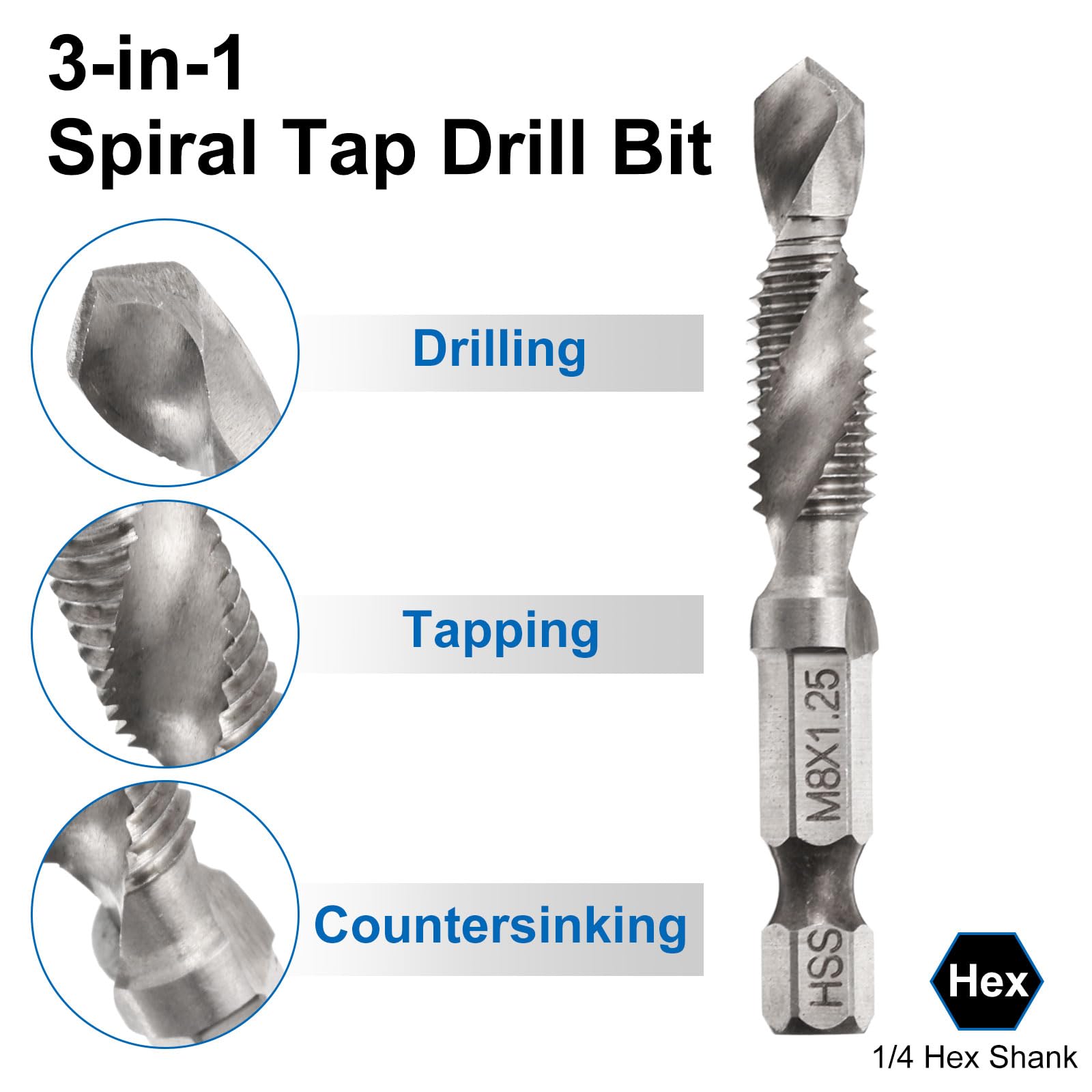 uxcell Combination Drill and Tap Bit, Metric M8 x 1.25