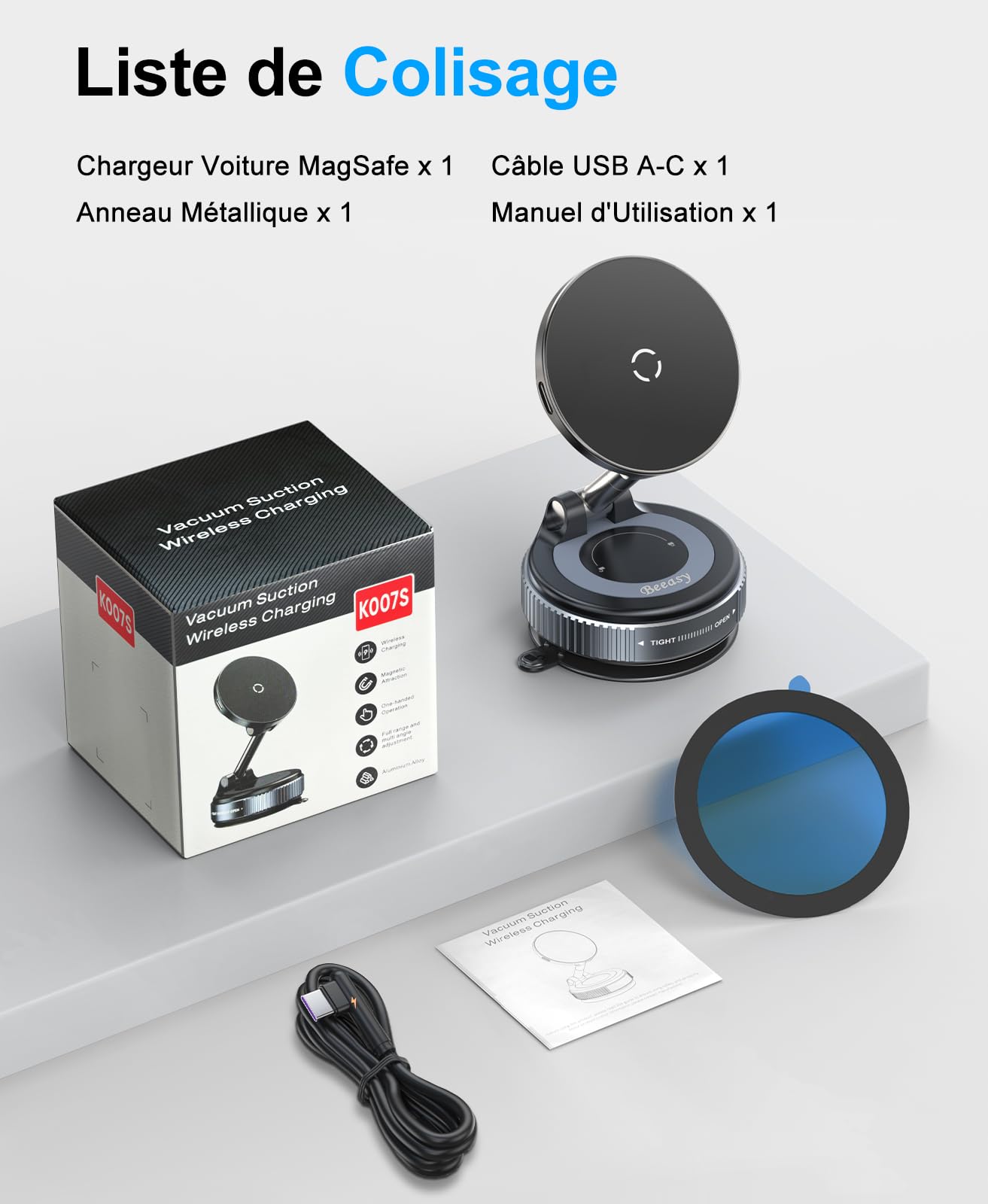 Beeasy 15W Chargeur MagSafe Voiture – Ventouse Ultra-Fort avec Gel – Support Telephone Voiture Rotatif 360° & Pliable pour Tableau de Bord – Charge Rapide sans Fil pour iPhone 17 16 15 14 13 12 – Noir