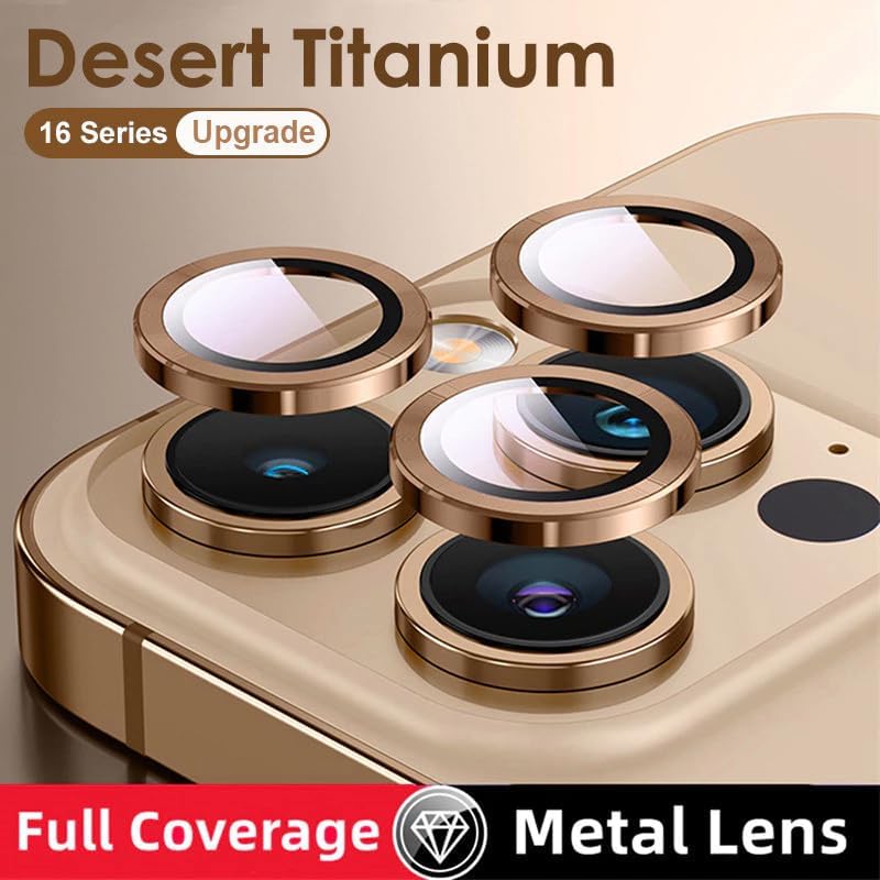 Image of PreCure Compatible for iPhone 16 Pro /iPhone 16 Pro Max Camera Lens Protector, Ultra-HD Tempered Glass Camera Cover Screen Protector Metal Individual Ring Protector Accessories, Desert Titanium