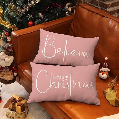 Miniatura 5 de Juego de 2 fundas de almohada navideñas de 12 x 20 pulgadas, decoración de casa de campo de Feliz Navidad, funda de cojín para el sofá del hogar