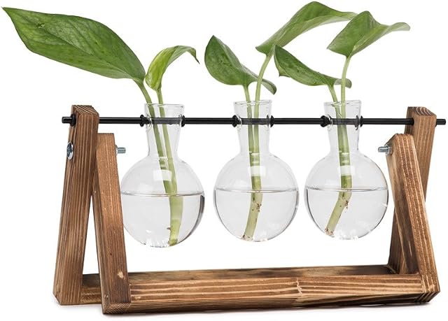 Hyindoor Propagation Station with Vintage Wooden Stand and Metal Rotating Rod for Hydroponics Plants Desktop Glass Planter Bulb Vase for Home Decoration