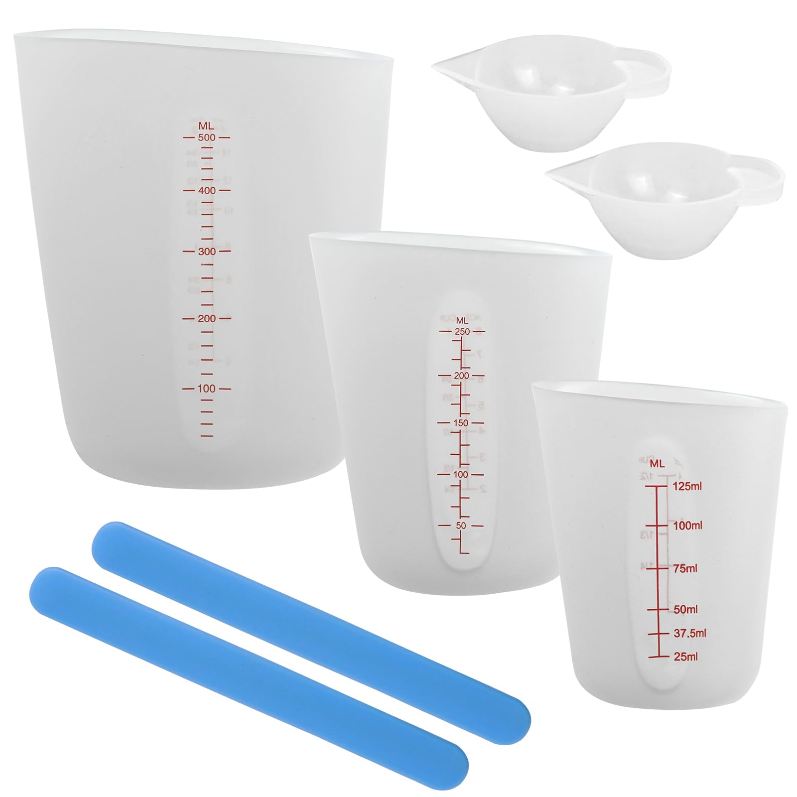 Silikonowe Kubki z Miarką 125/250/500 ml, Silikonowe Kubki do Odlewania z Przezroczystą Skalą, Kubki do Mieszania z Żywicy Epoksydowej z Silikonowym Prętem do Mieszania, Akcesoria do Samodzielnego